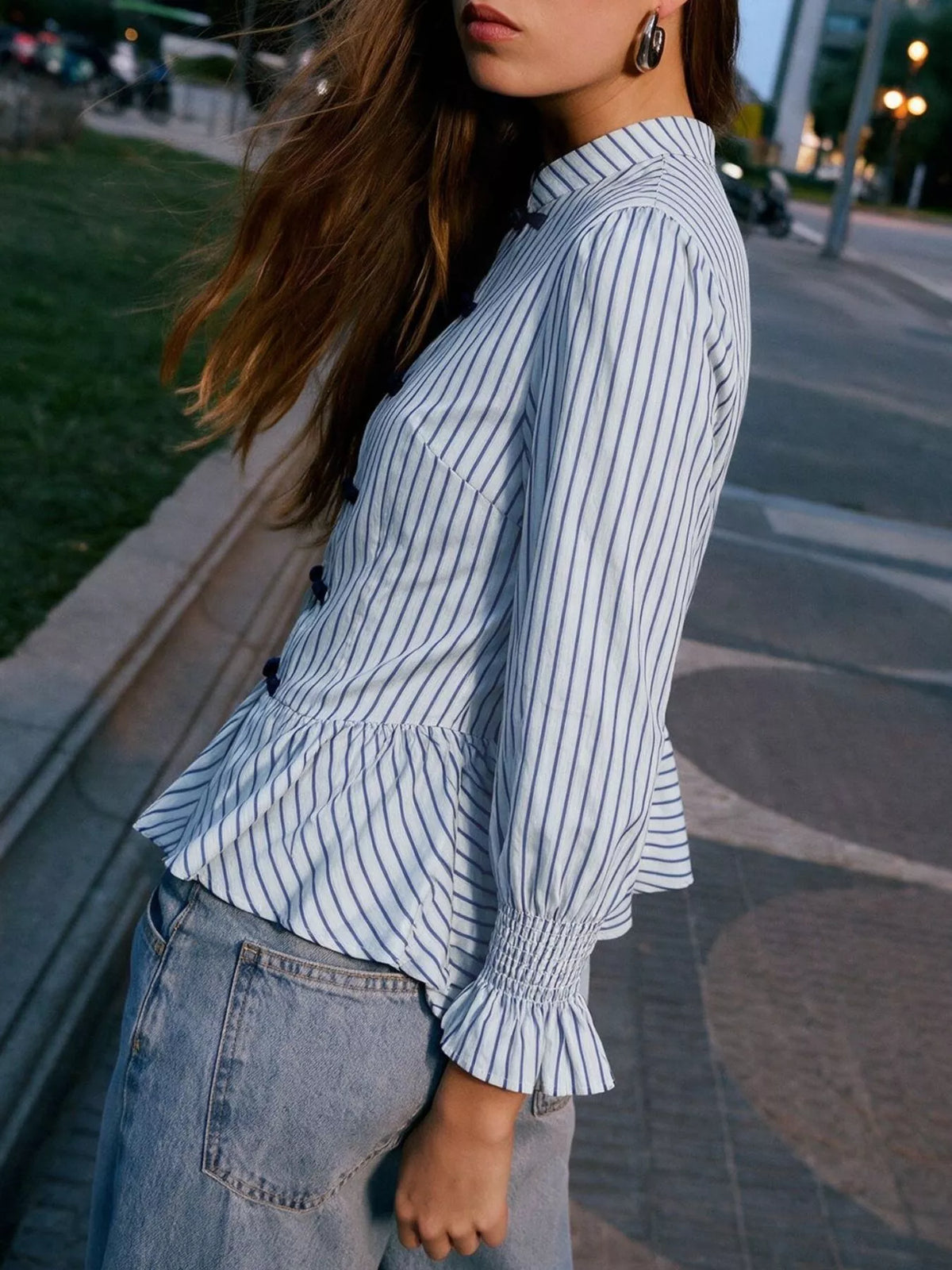Trendsi Striped Mandarin Knot Buttons Peplum Hem Shirt -