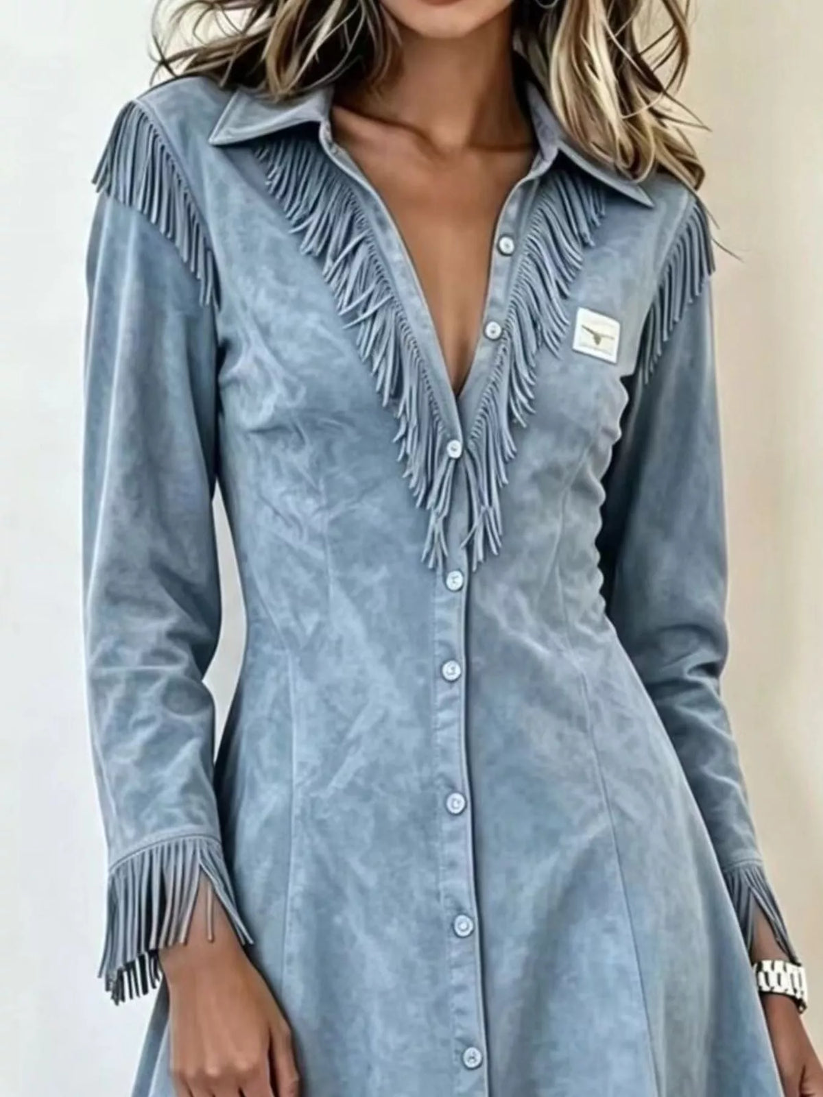 Long Fringe Button-Front Jacket in blue, fringe detail