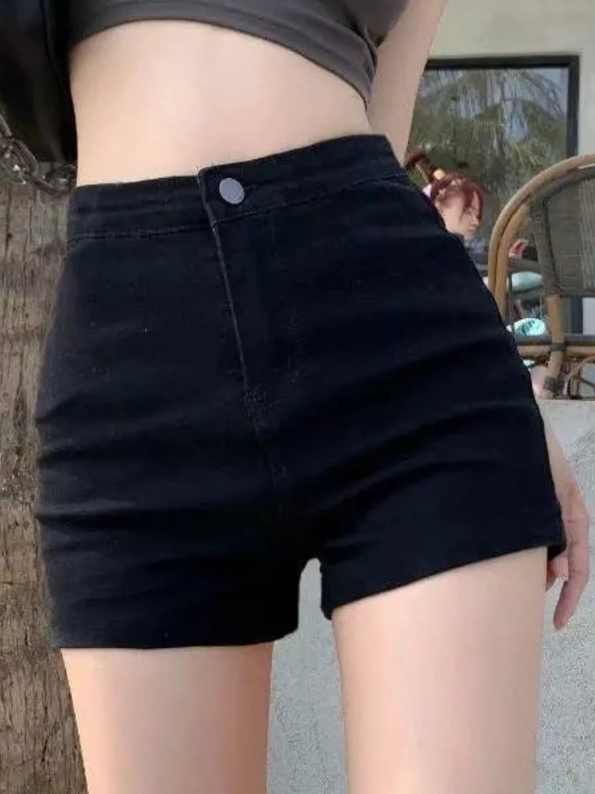 Denim shorts, black shorts front