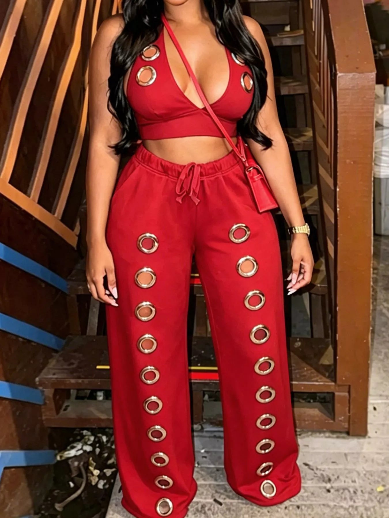 Trendsi Eyelet Crop Top and Wide-Leg Pants Set -
