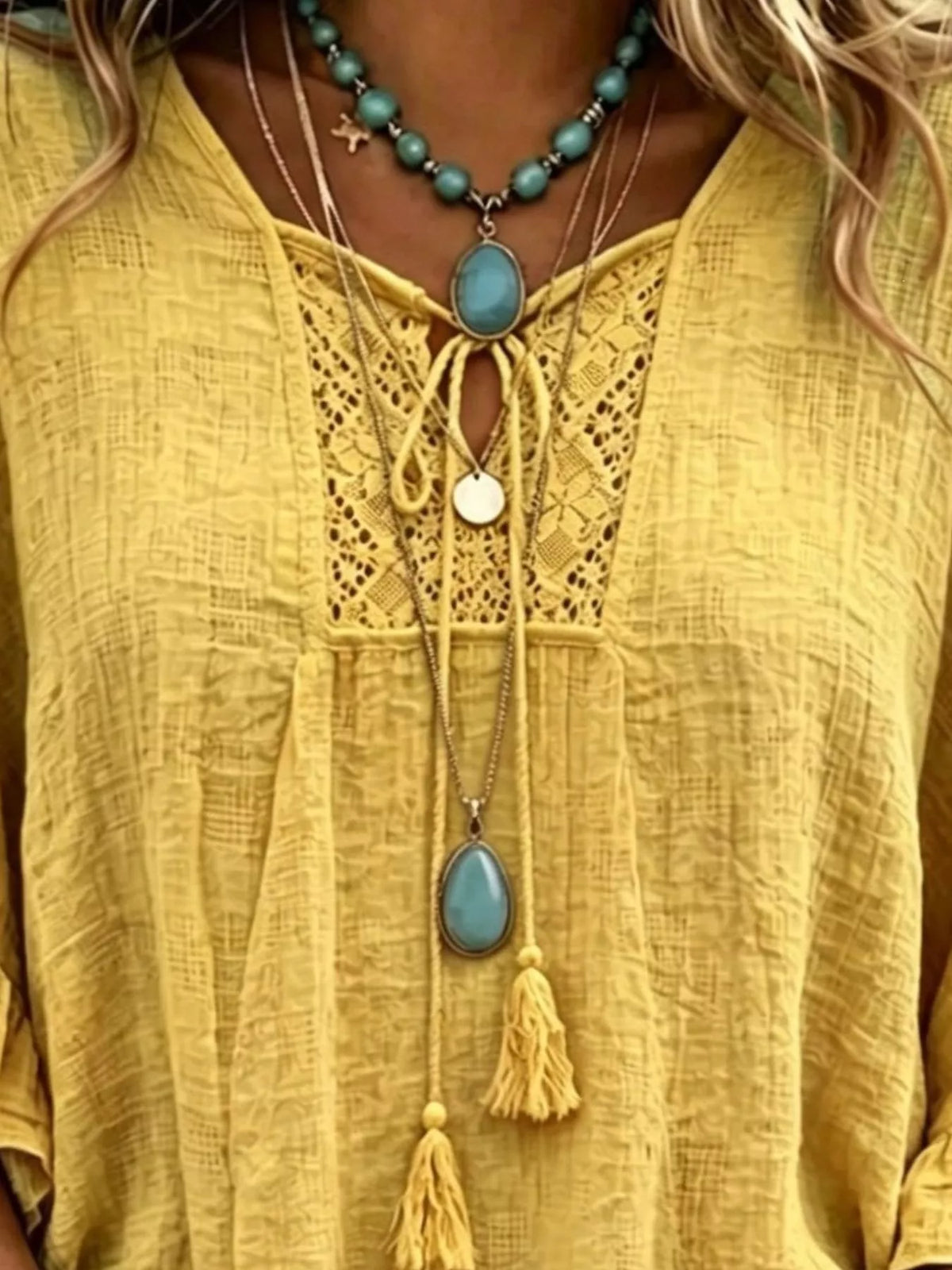 Trendsi Full Size Tassel Tie Neck Ruffled Hem Blouse Plus Size -