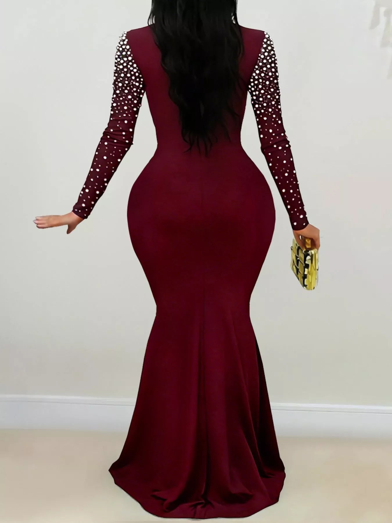 Trendsi Rhinestone Long Sleeve Mermaid Maxi Dress -