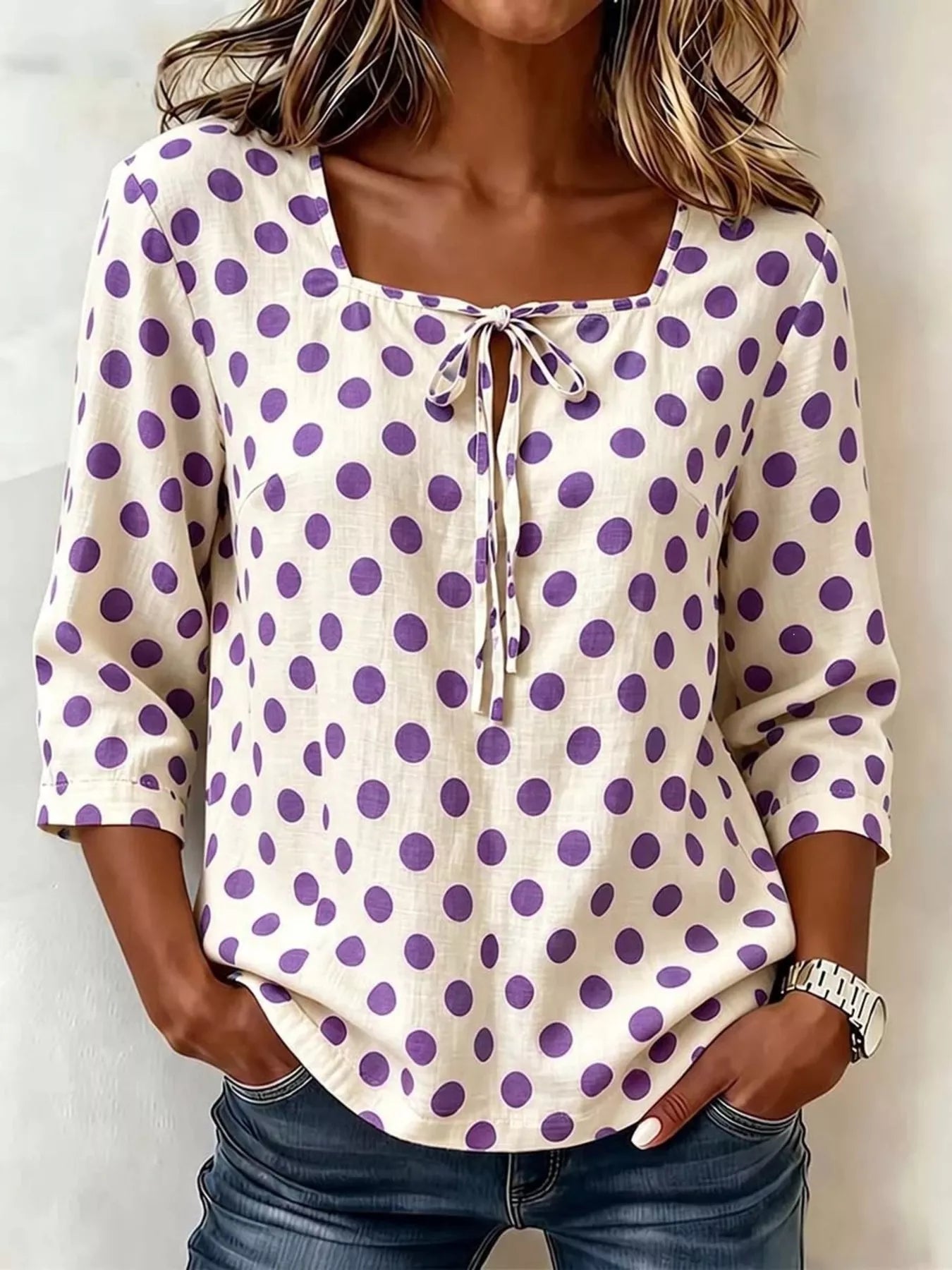 Trendsi Full Size Square Neck Polka Dot Blouse Plus Size -