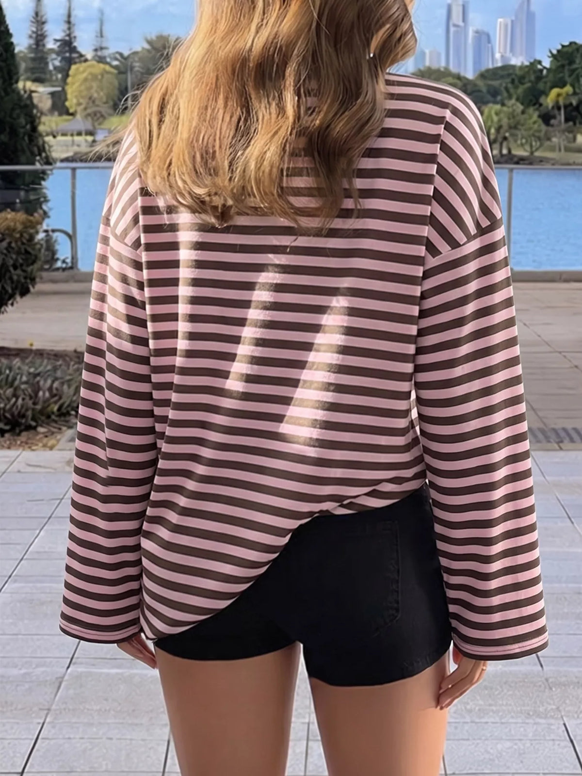 Striped Polo Collar Long Sleeve Top, back view