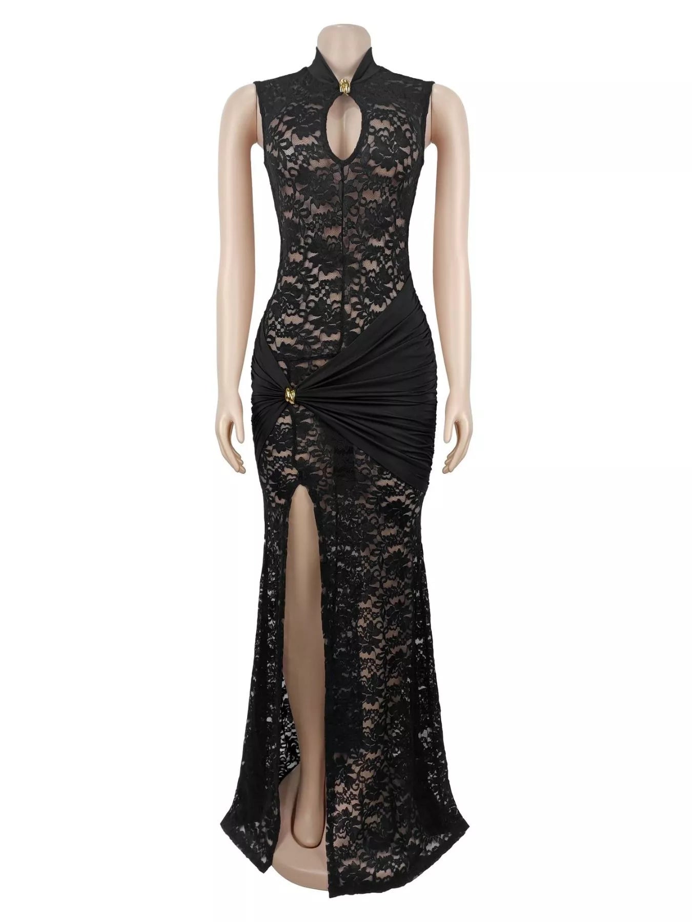 Trendsi Lace Keyhole High-Slit Maxi Dress -