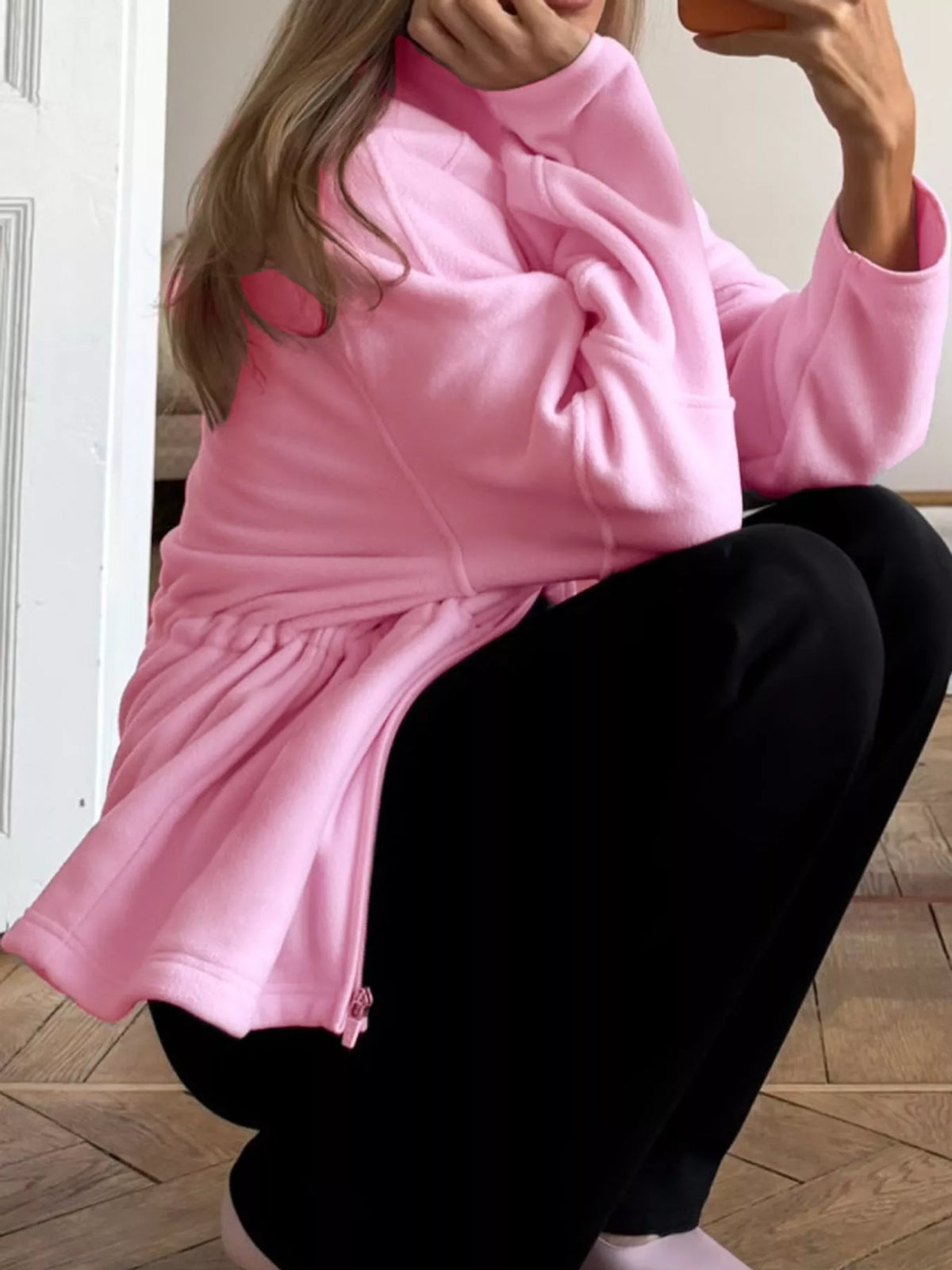 Pink drawstring fleece zip-up jacket