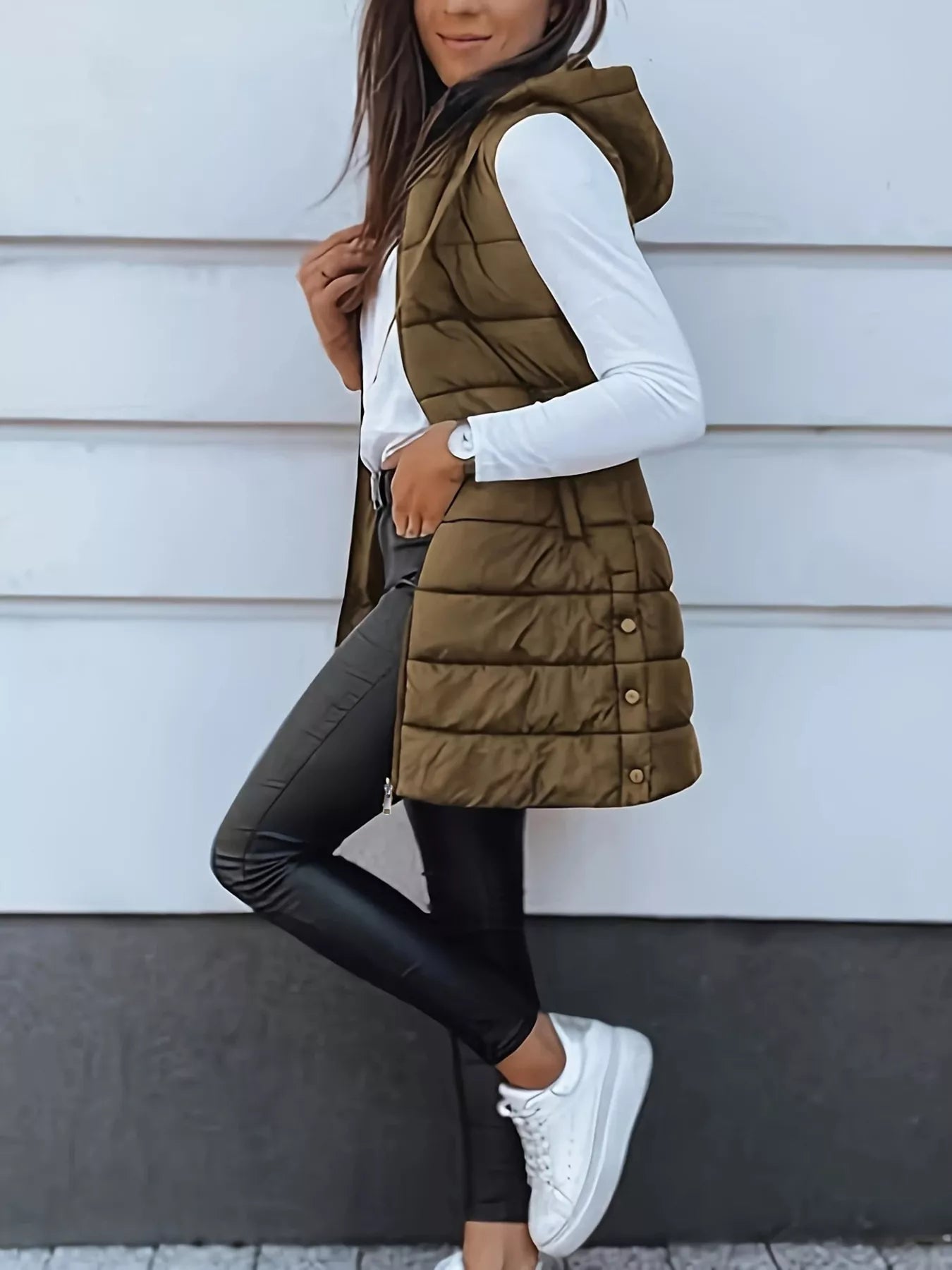 Trendsi Zip Up Longline Hooded Puffer Vest Coat -