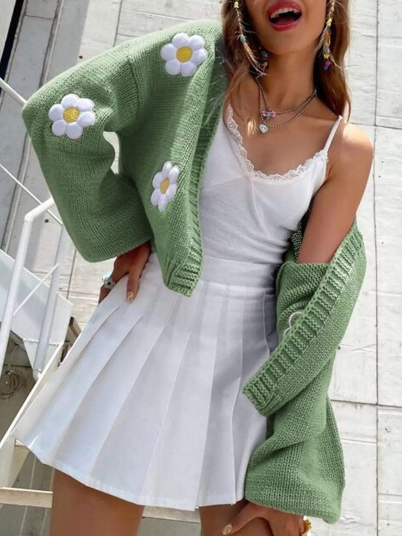 Trendsi Floral Open Front Knit Cardigan -