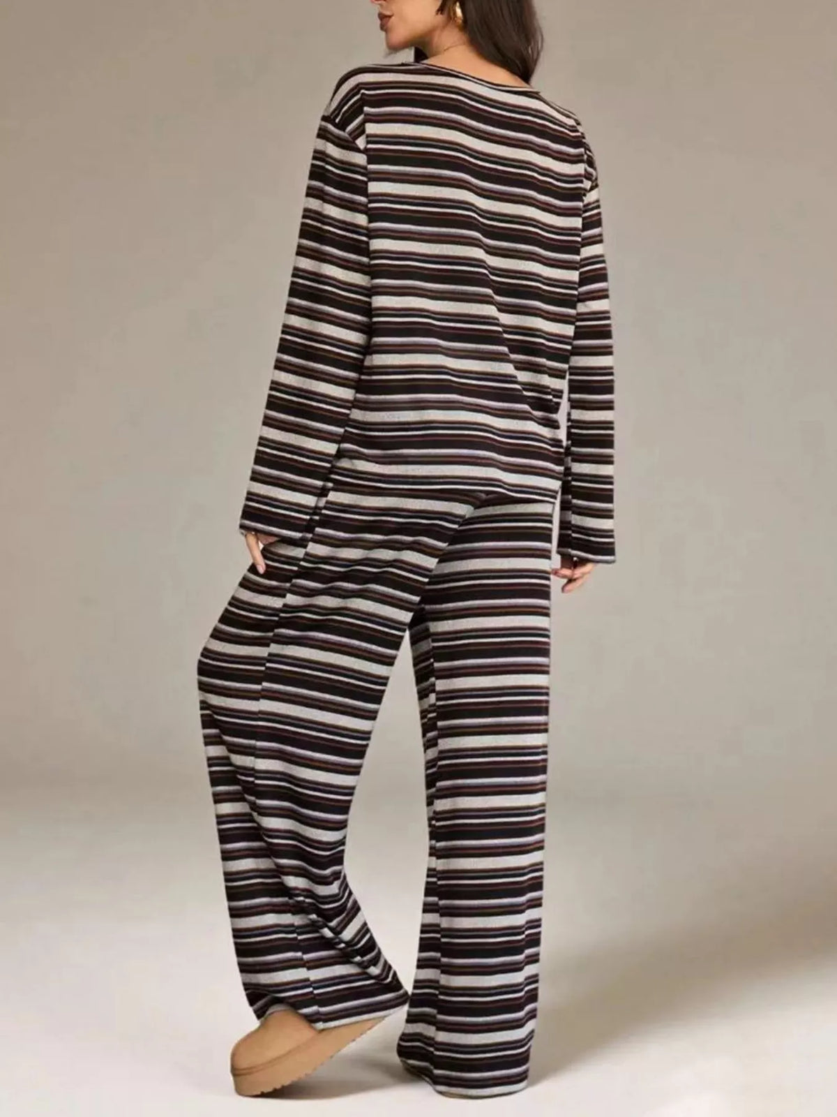 Trendsi Striped Long-Sleeve Top and Wide-Leg Pants Set -