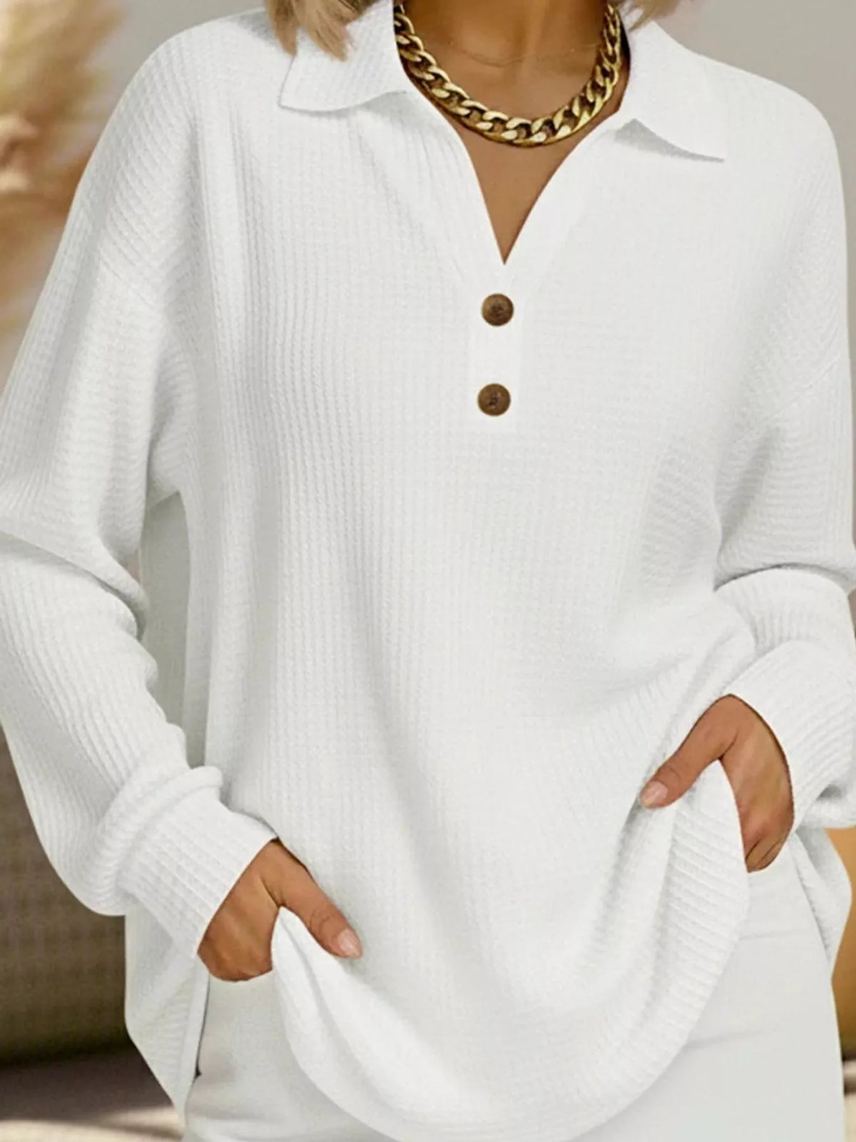 Collared long sleeve top, front view on model