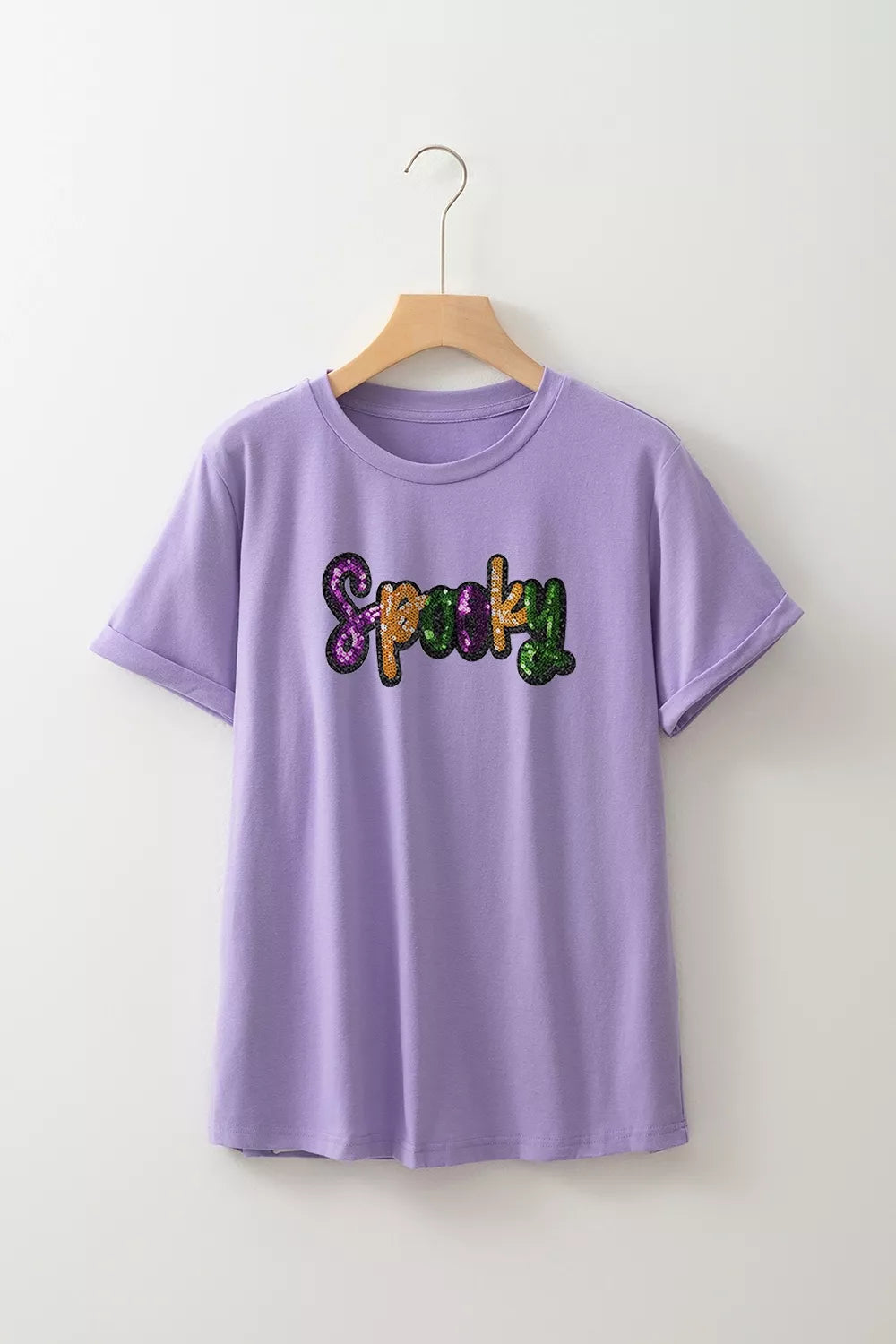 Trendsi Full Size Spooky Sequin Letter Patched Cotton Blend T Shirt Plus Size -