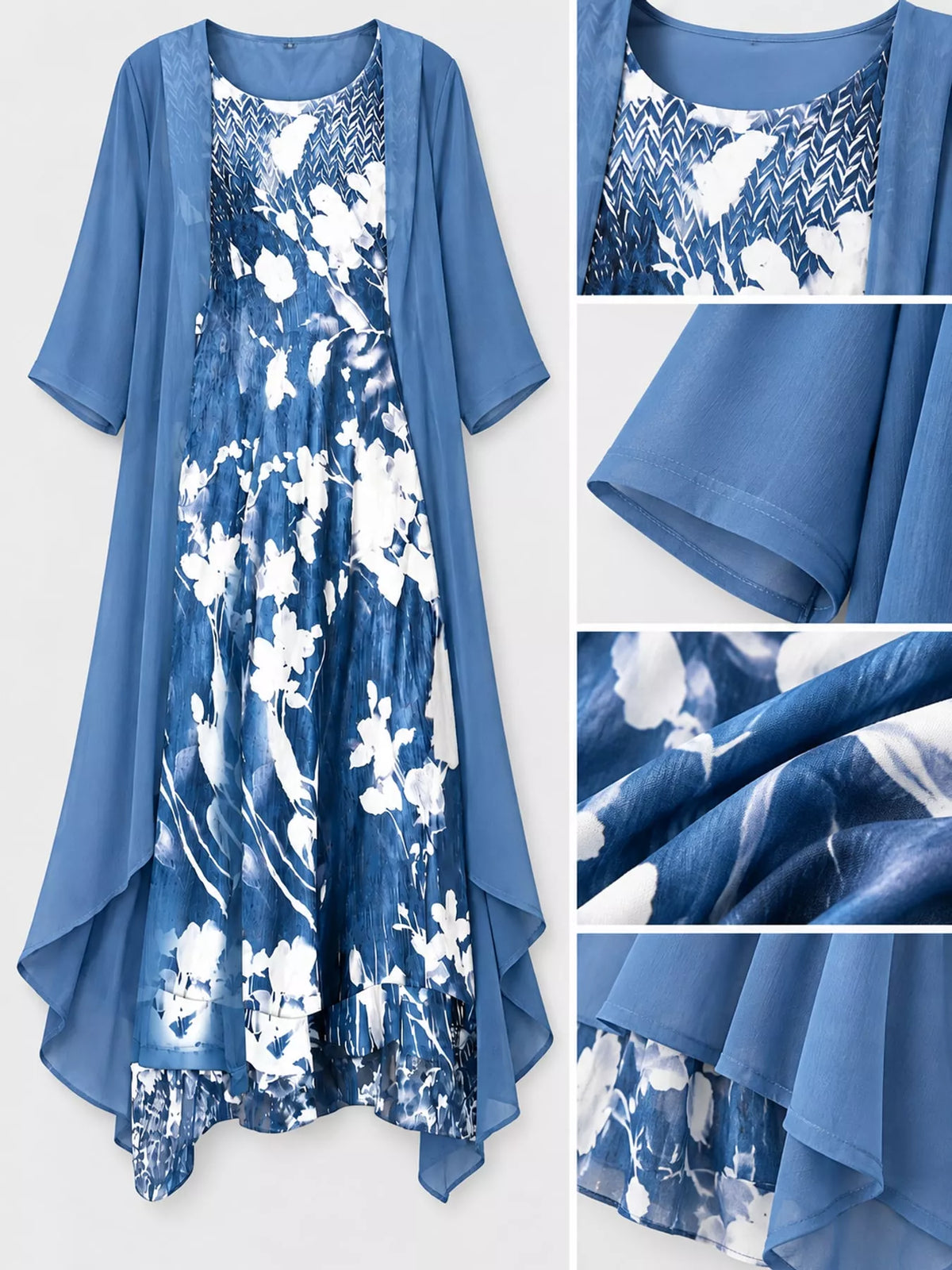Floral dress and cardigan set, blue garment details