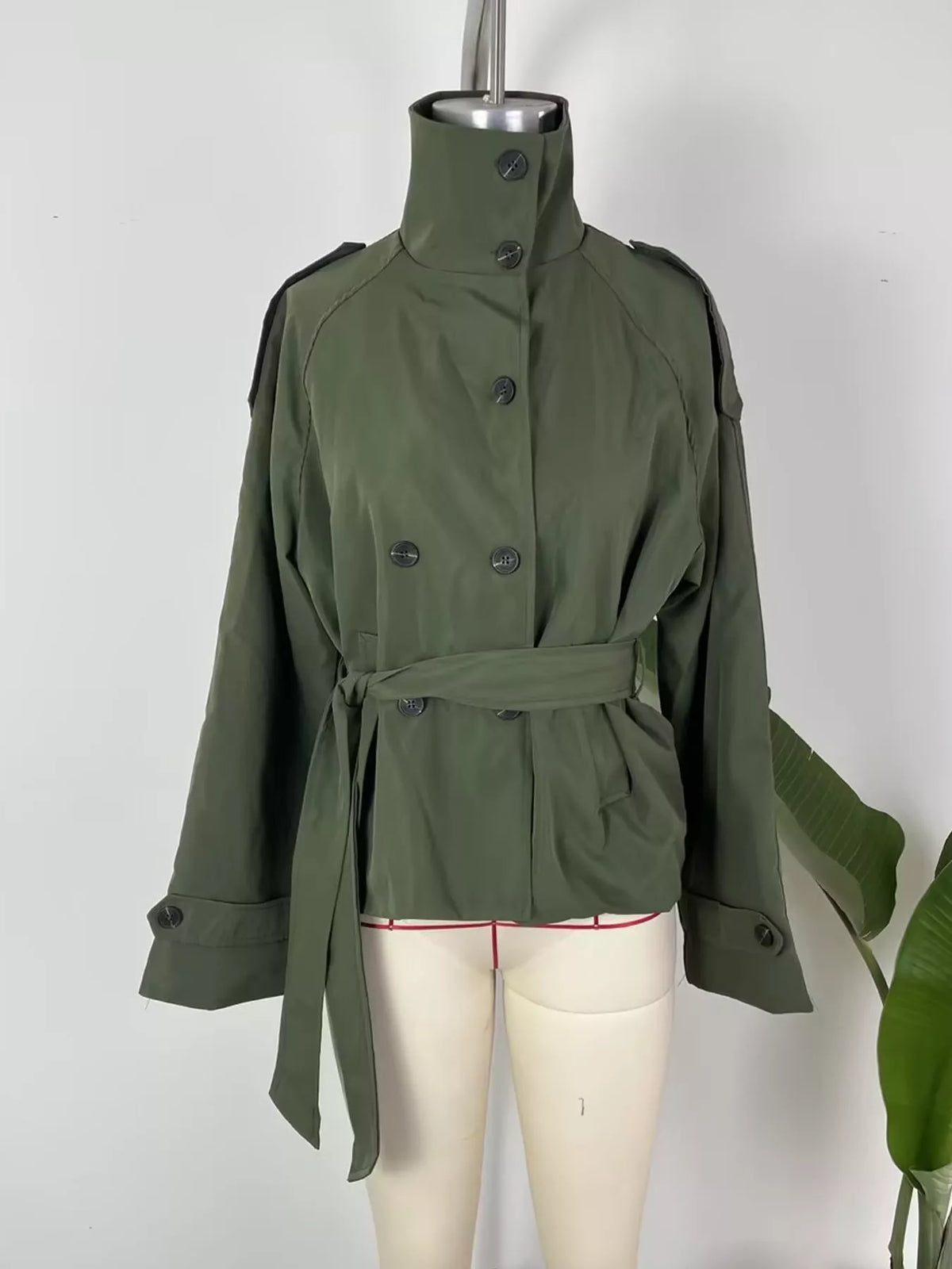 Women's Double-Breasted Belted Trench Coat in olive — mannequin front view
