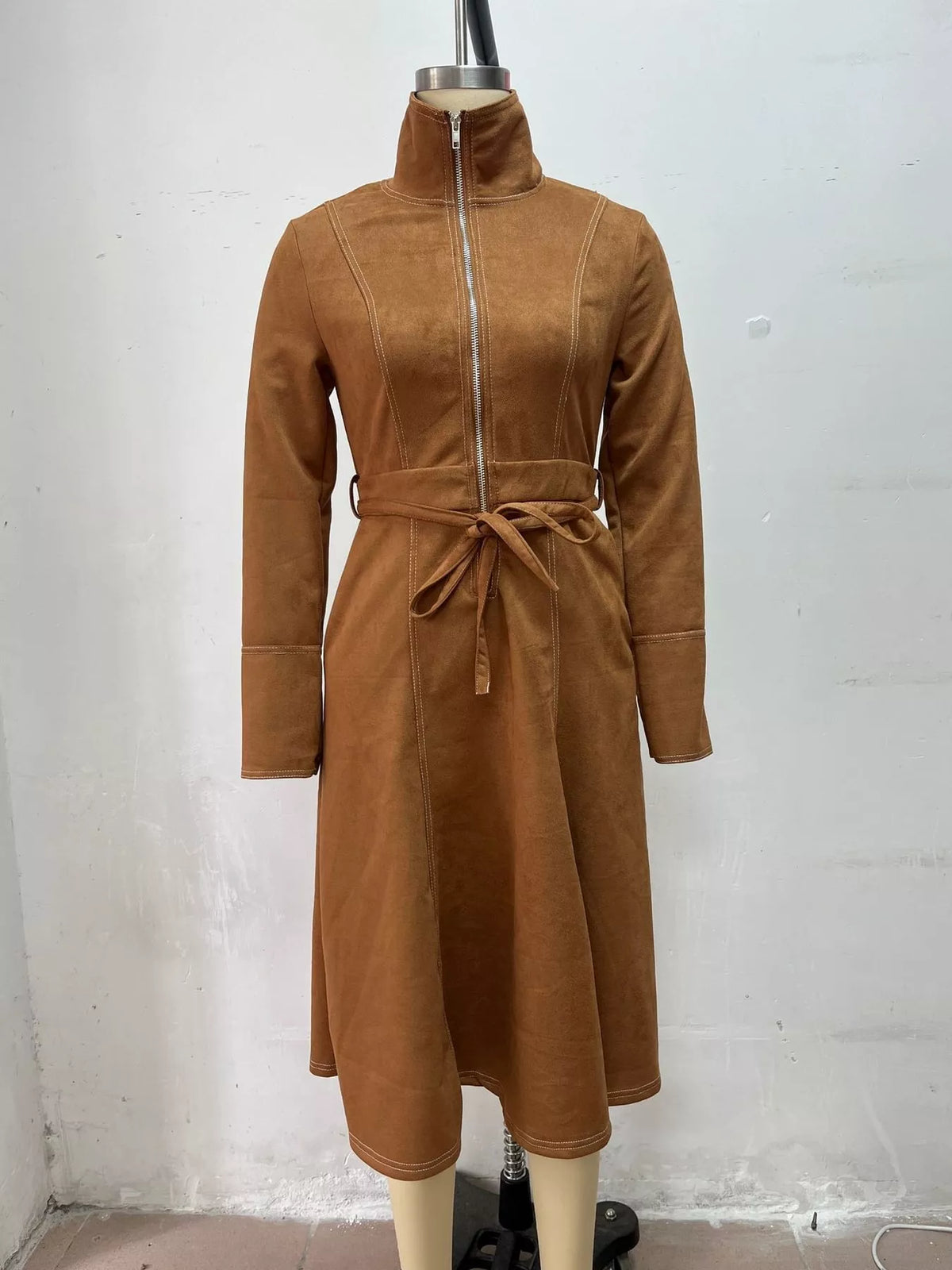 Brown zipper front midi dress, front view