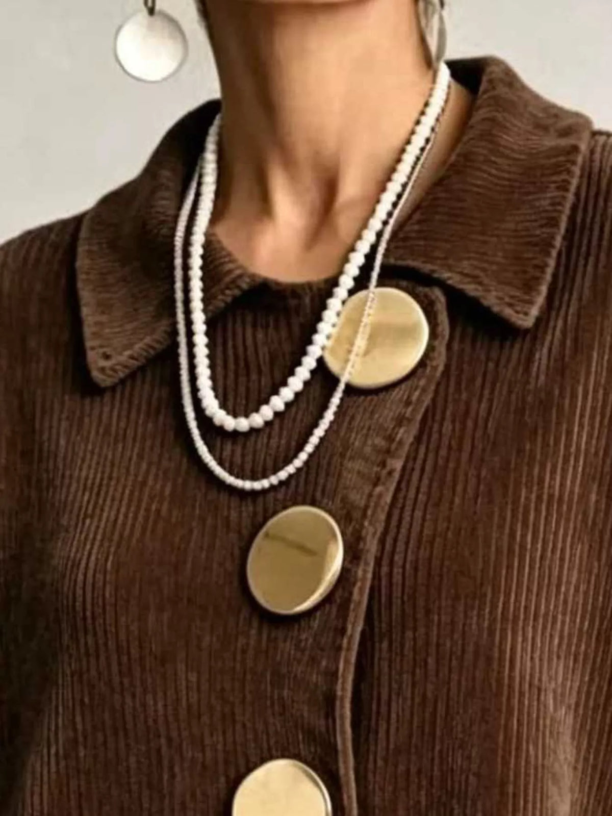 Women's Ribbed Knit Gold Buttons Cardigan in dark brown — collar detail view