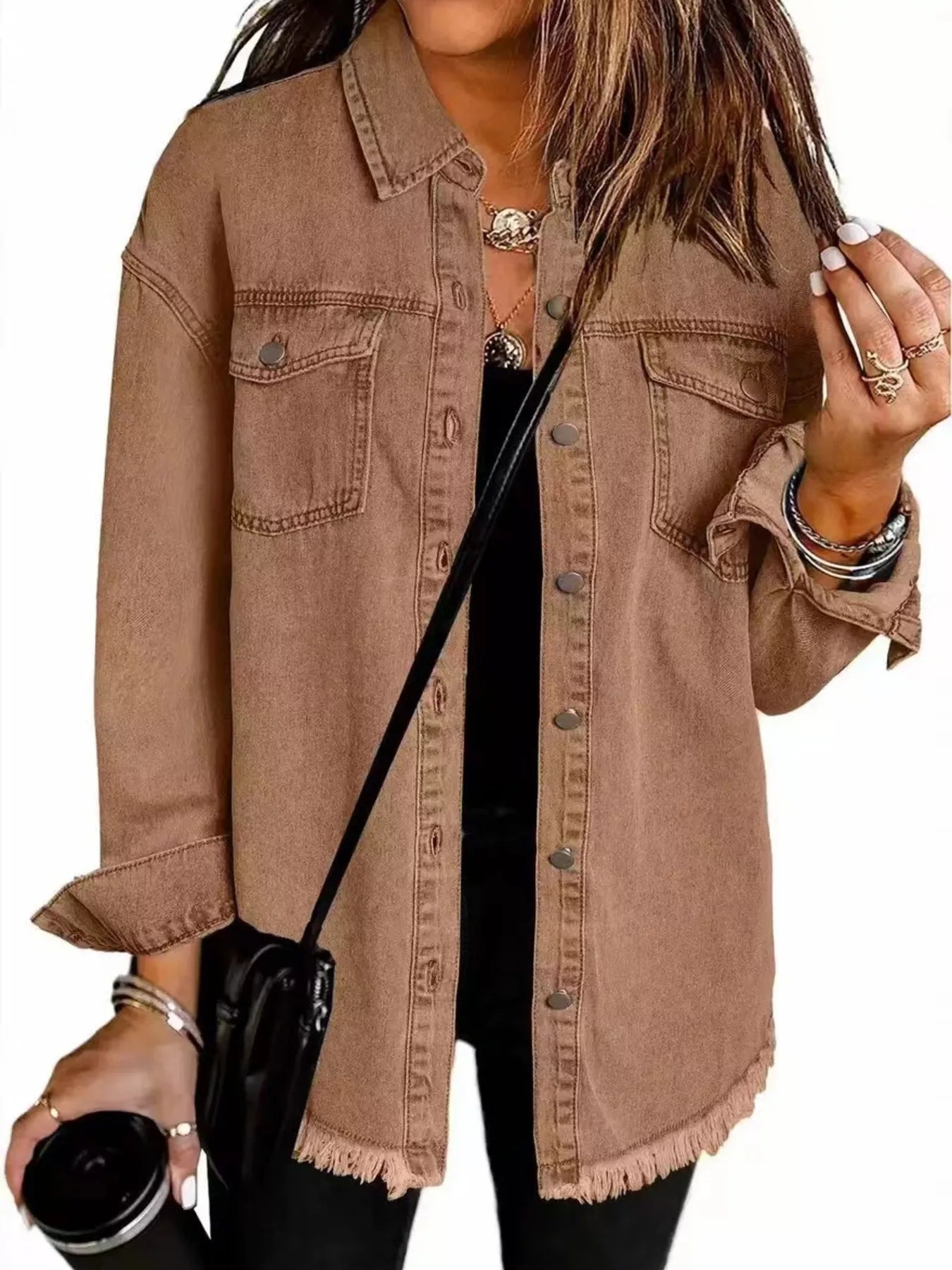Trendsi Frayed Hem Button Up Denim Jacket -