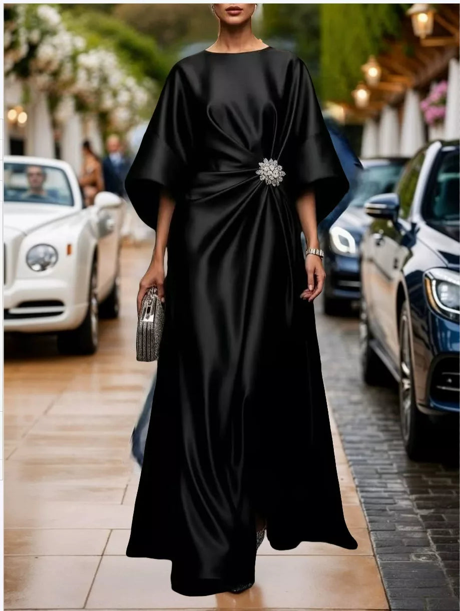 Black satin draped brooch evening dress
