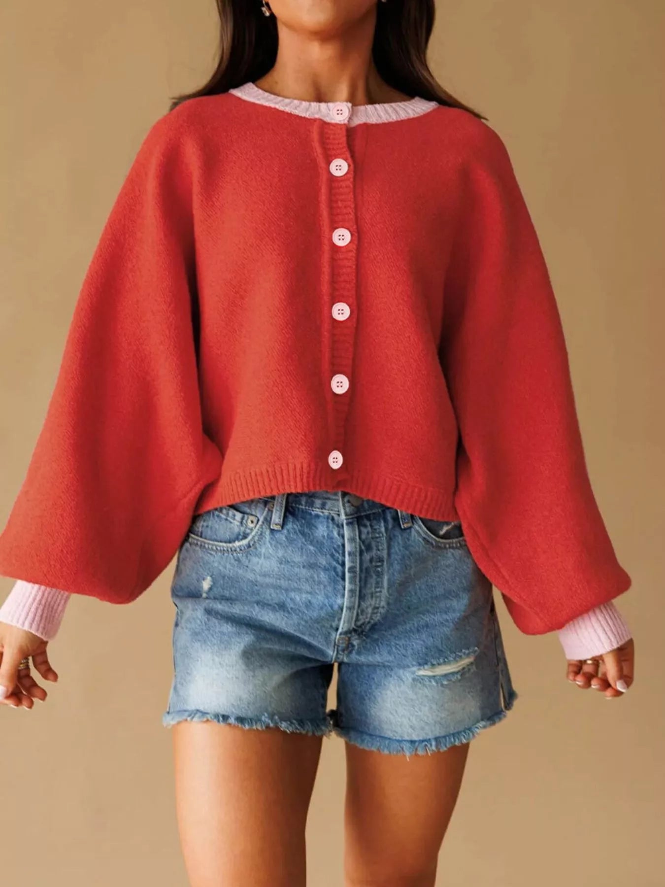 Trendsi Button-Front Knit Cardigan with Contrast Trim -