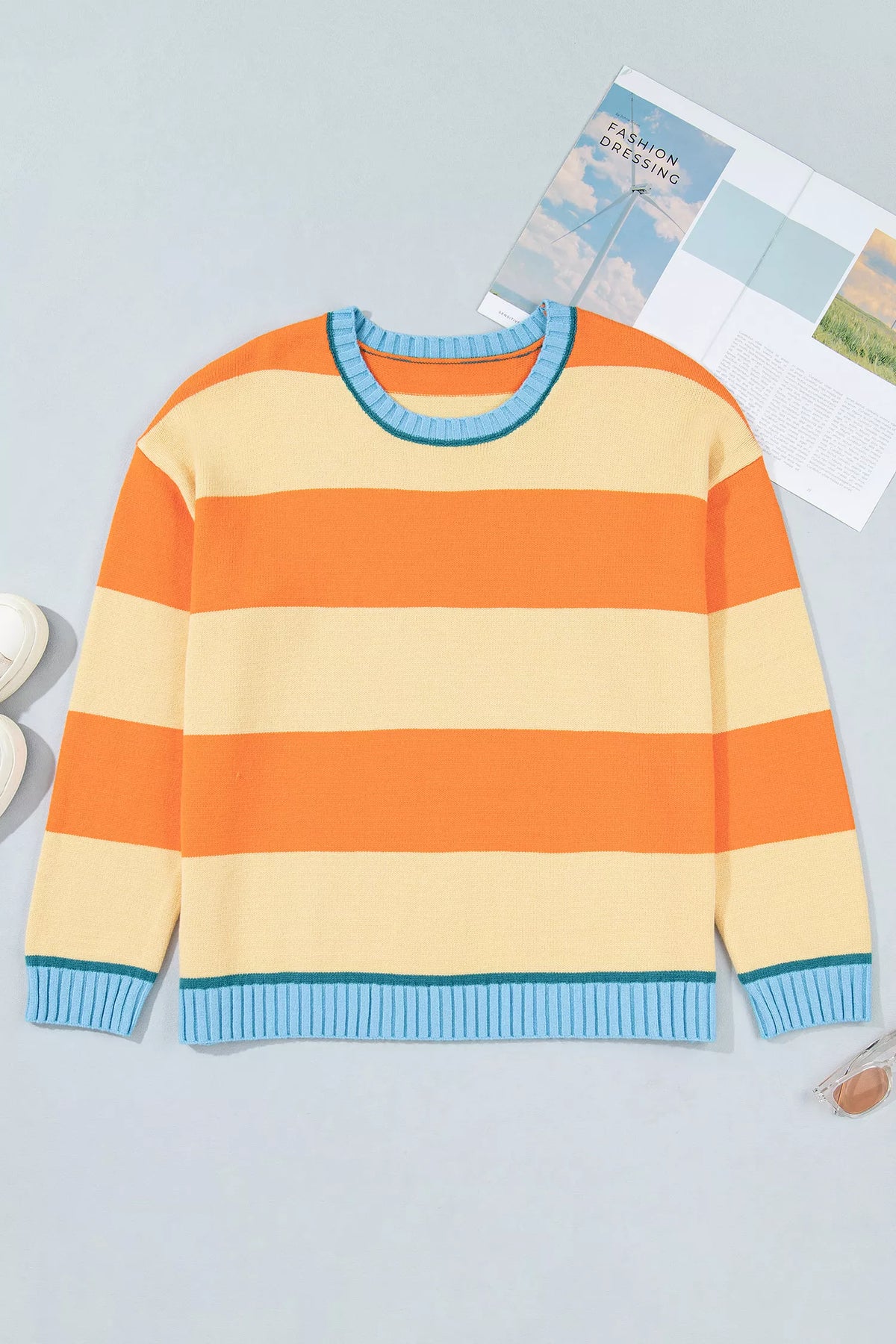 Striped colorblock sweater, striped flat front