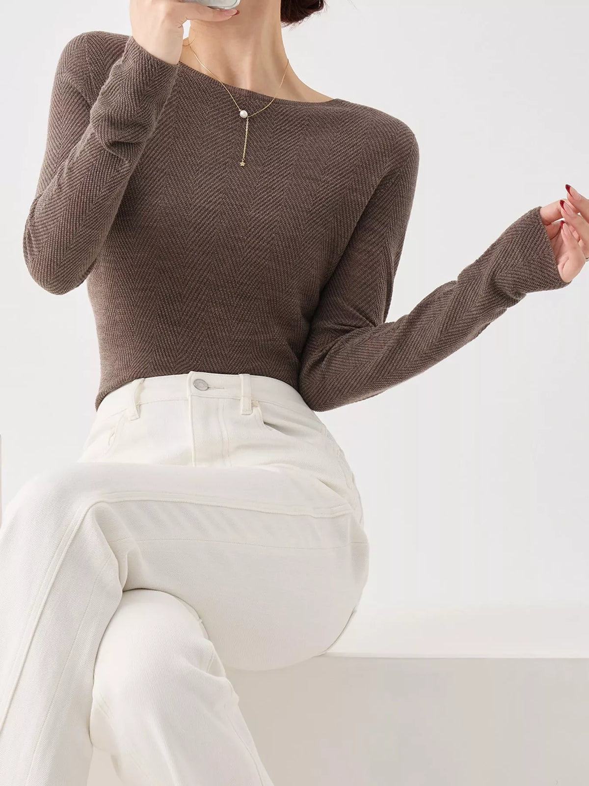 Brown herringbone knit sweater