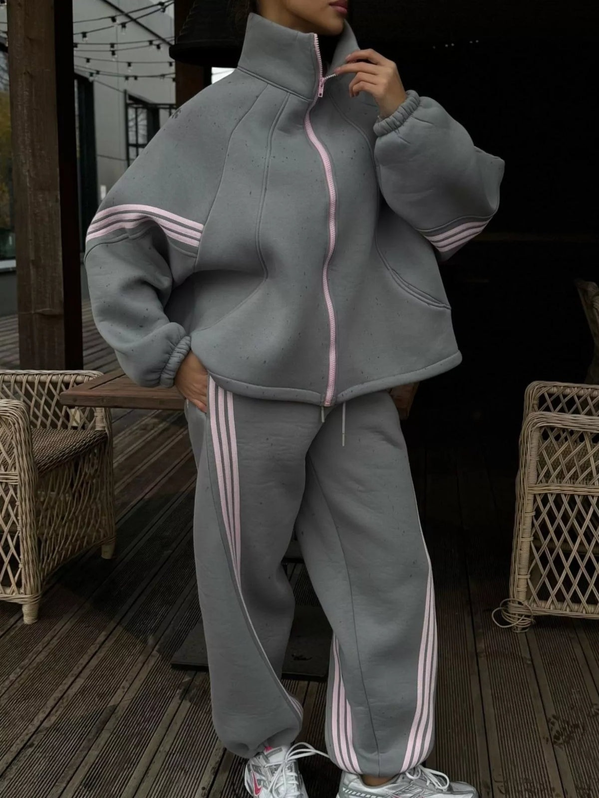 Trendsi Contrast Striped Zip Up Top and Pants Set -