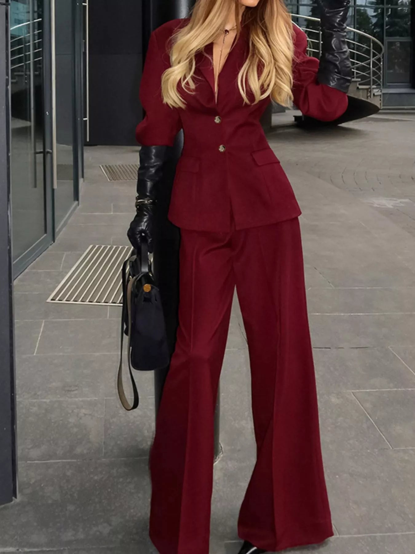 Trendsi Lapel Collar Blazer and Wide-Leg Pants Set -