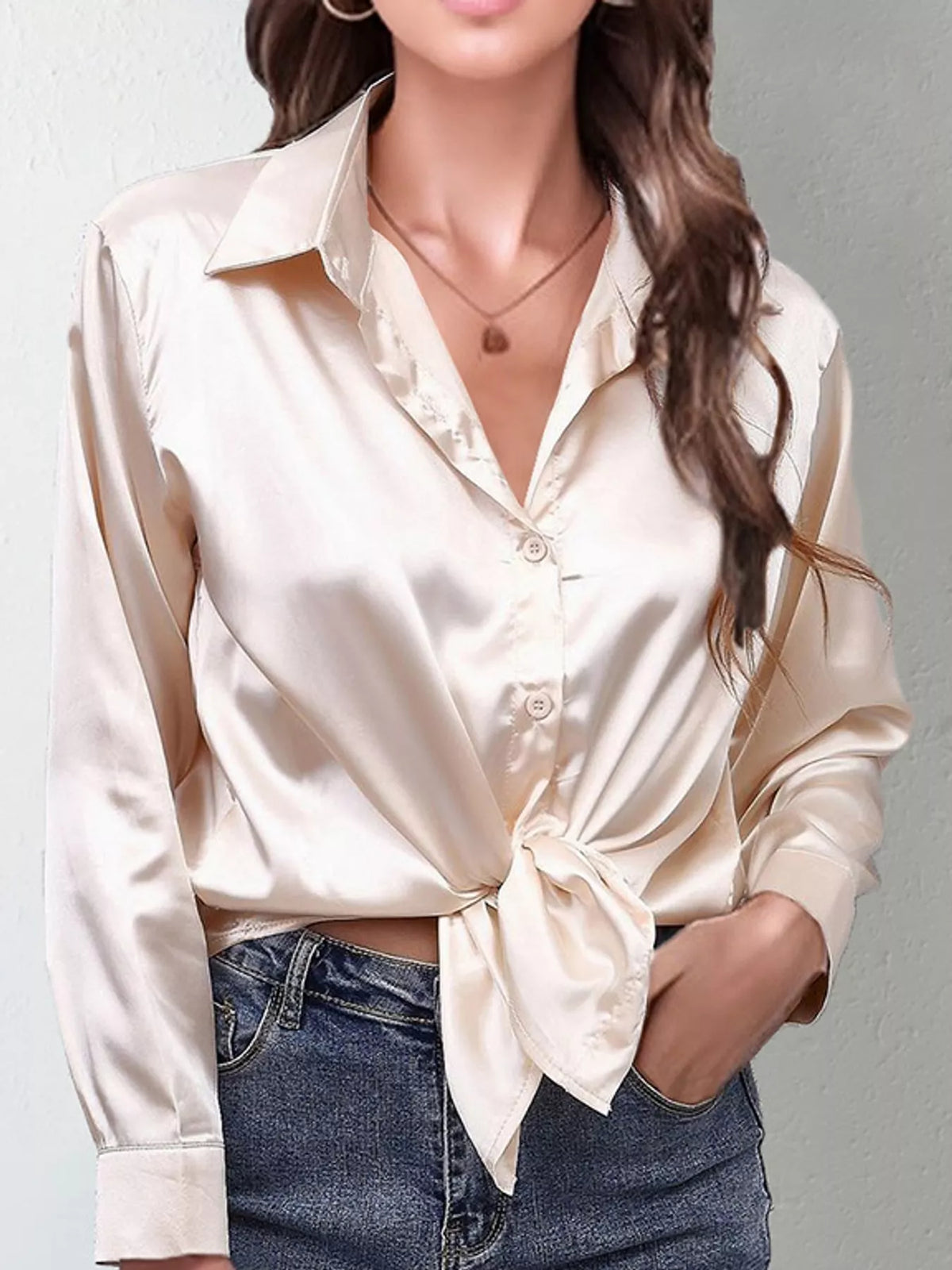 Off-White satin button-down long sleeve shirt
