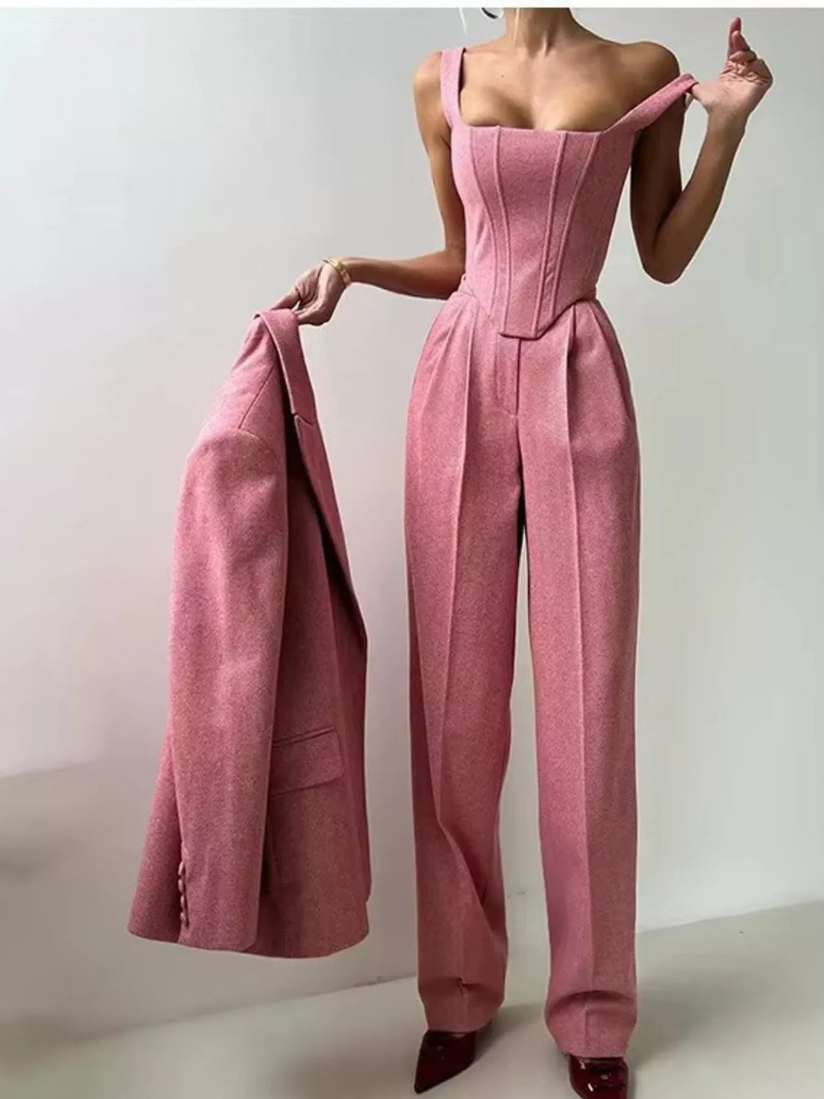 Collared long sleeve outfit set, front view on model