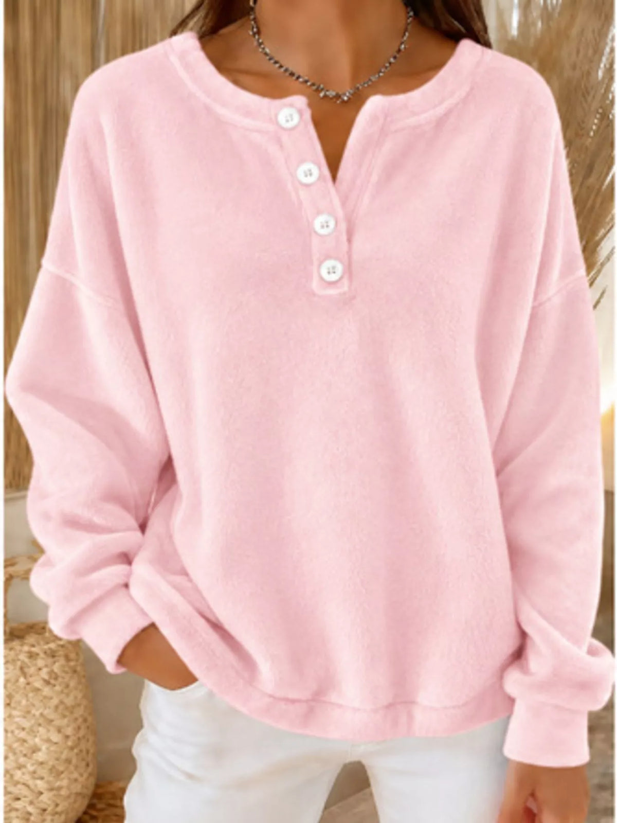 Pink button-detail dropped shoulder sweatshirt, front view