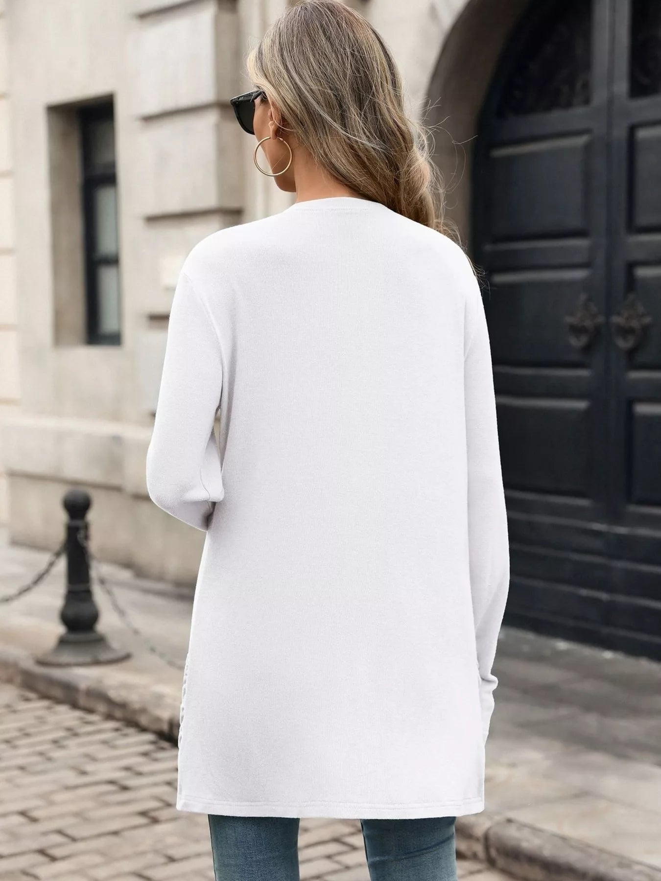 Ruched pocket open-front cardigan