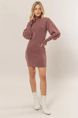 Trendsi HYFVE Glitter Mock Neck Long Sleeve Mini Dress -