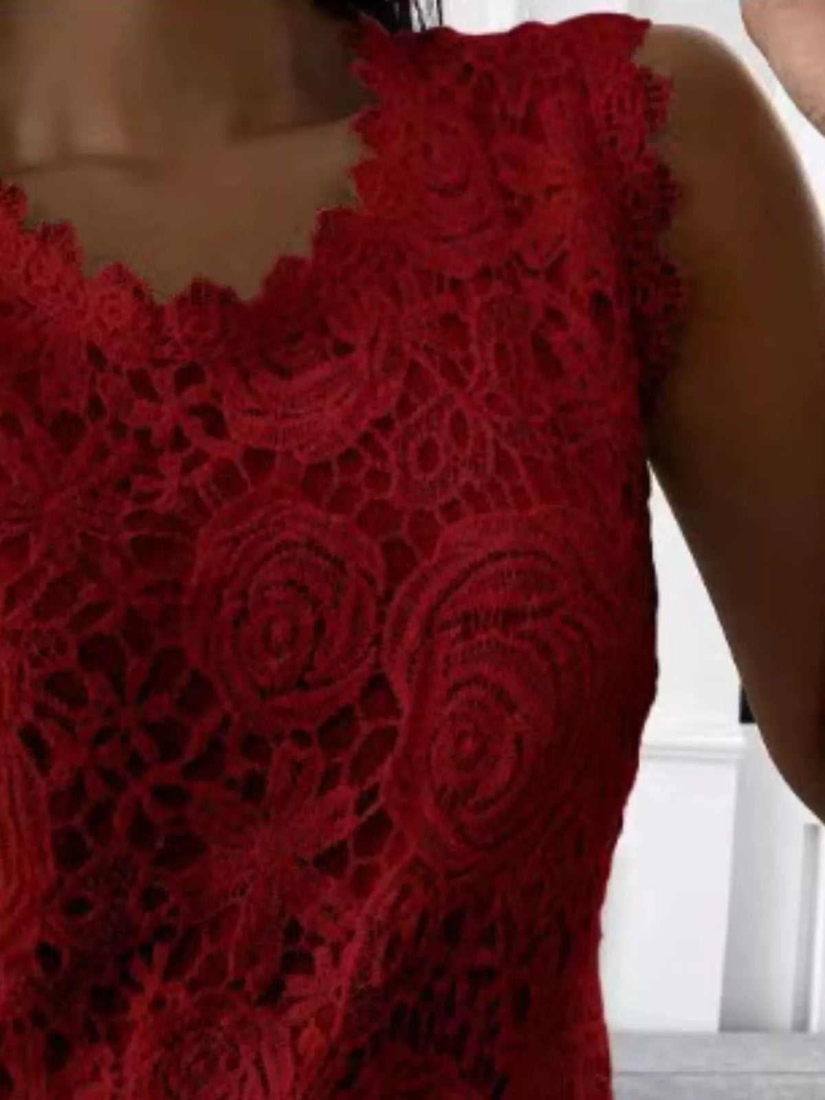 Floral Lace Sleeveless Top, detail view in red