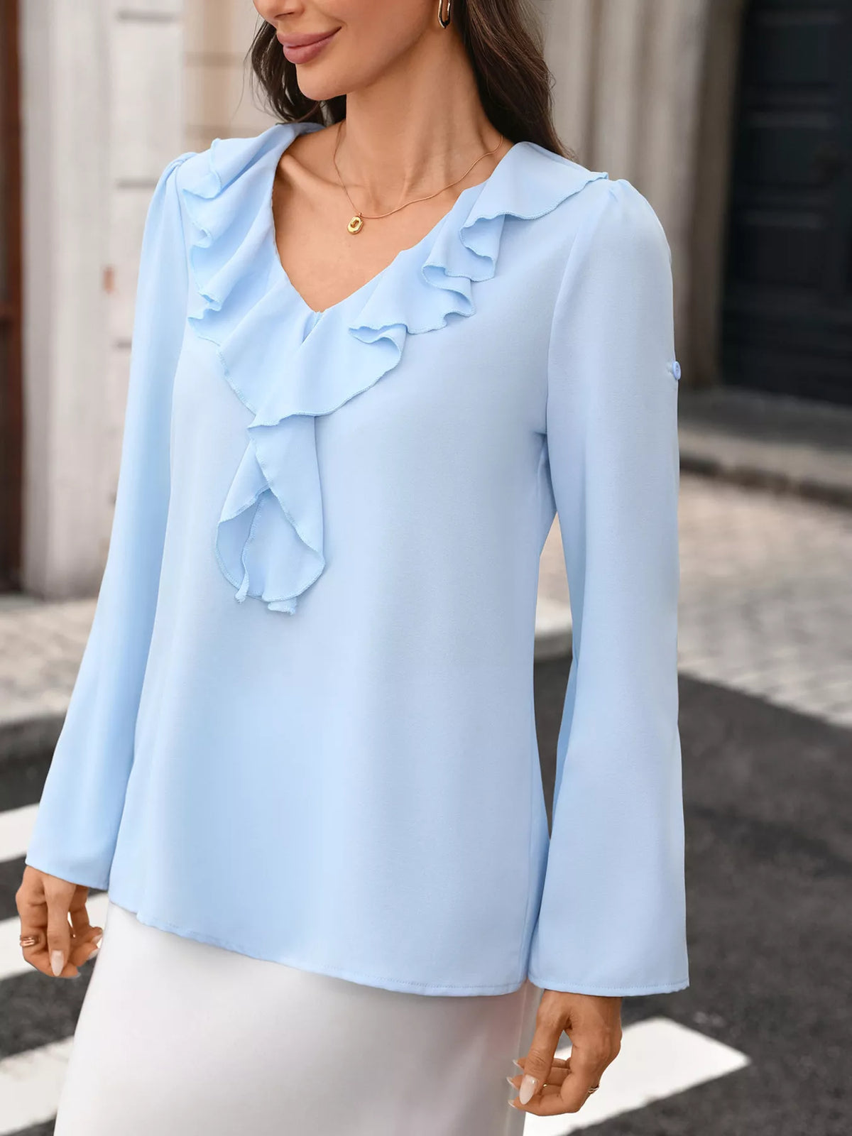 Trendsi Ruffled V-Neck Roll-Up Sleeves Blouse -