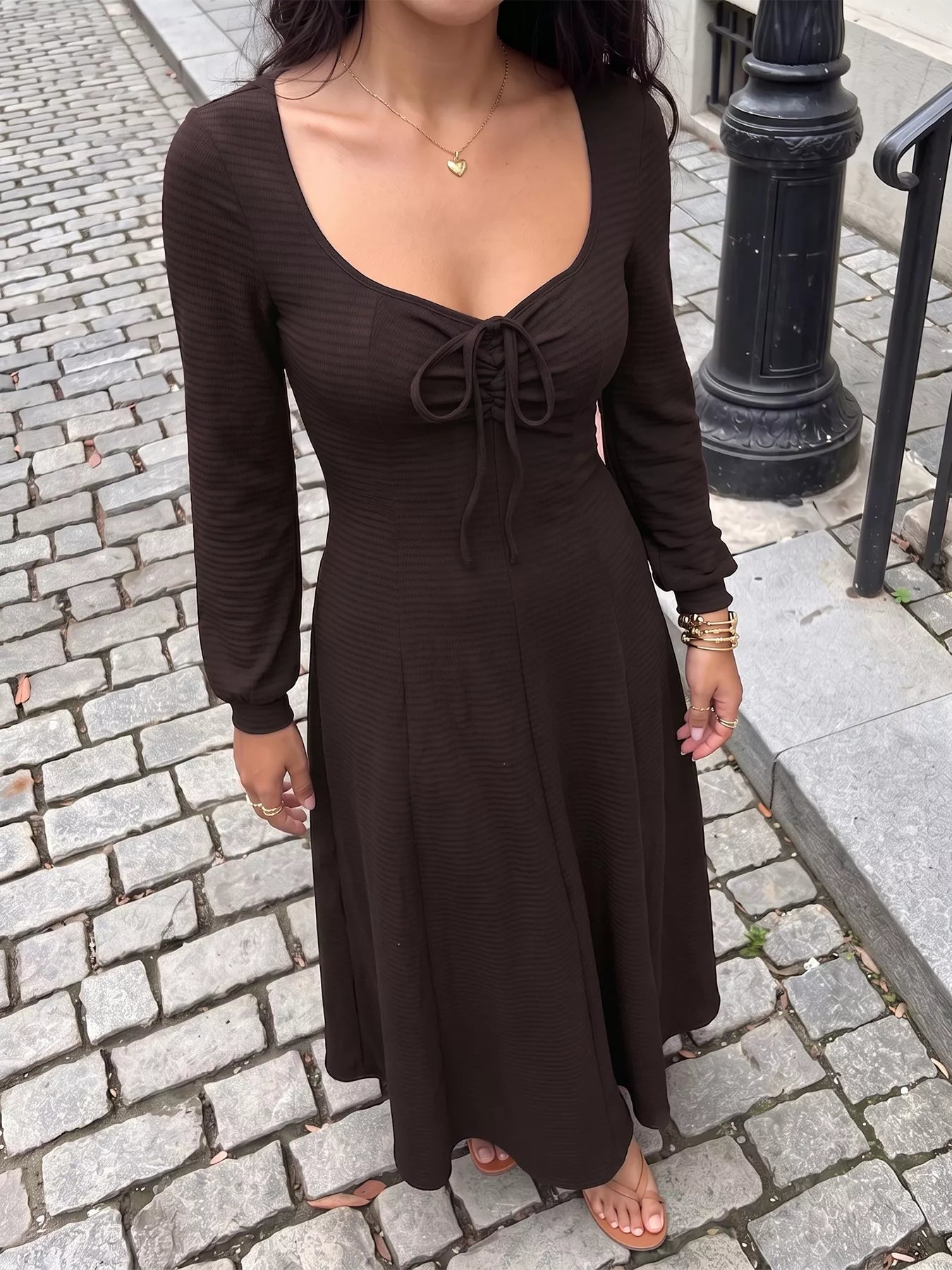 Trendsi Long Sleeve Tie-Front Maxi Dress -