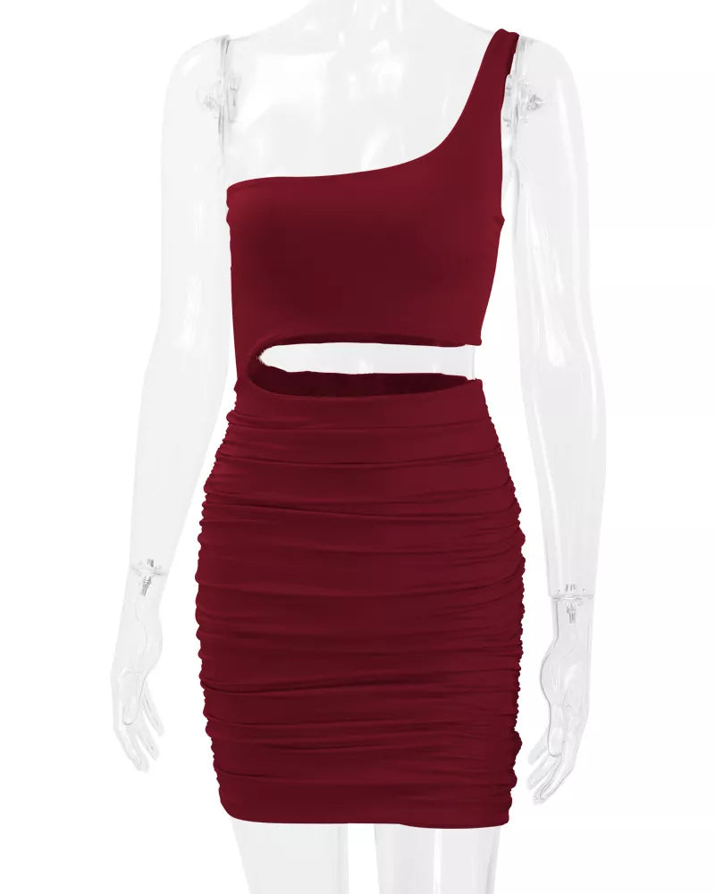 One-shoulder cutout dress, burgundy mannequin front