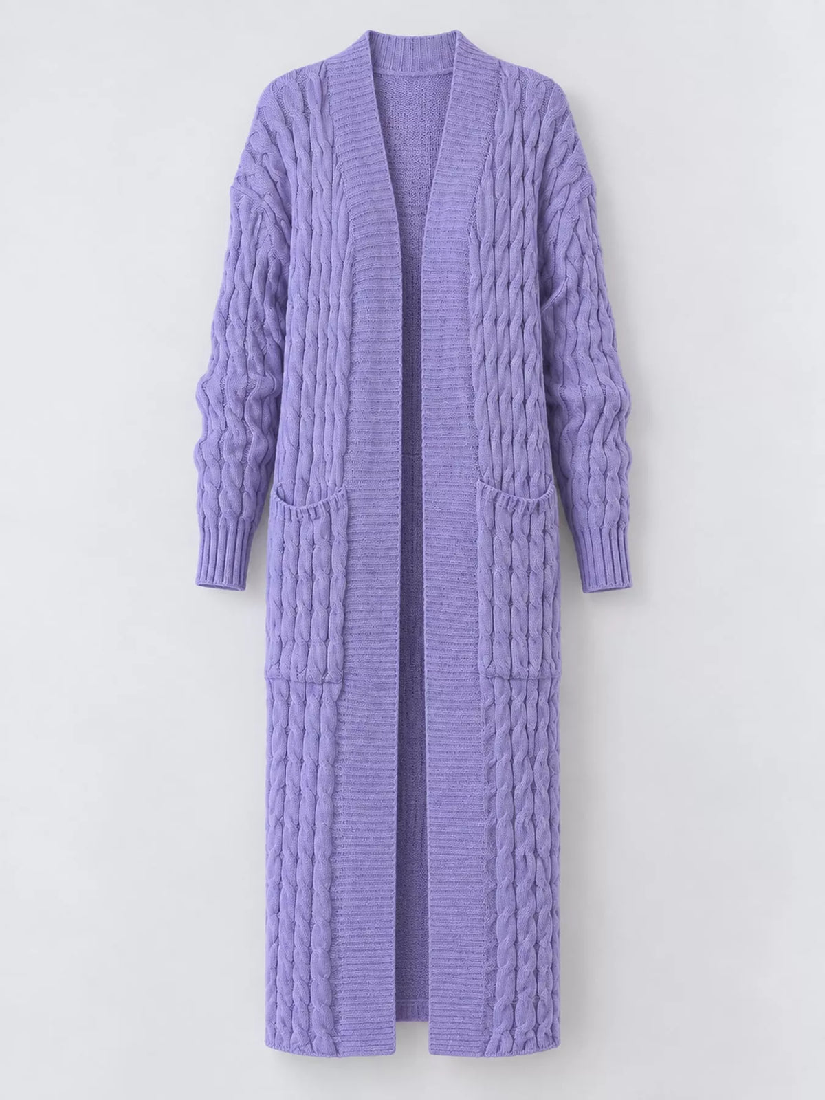 Light Purple cable-knit longline open-front cardigan, back view