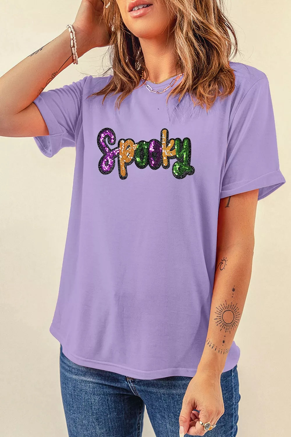Trendsi Full Size Spooky Sequin Letter Patched Cotton Blend T Shirt Plus Size -