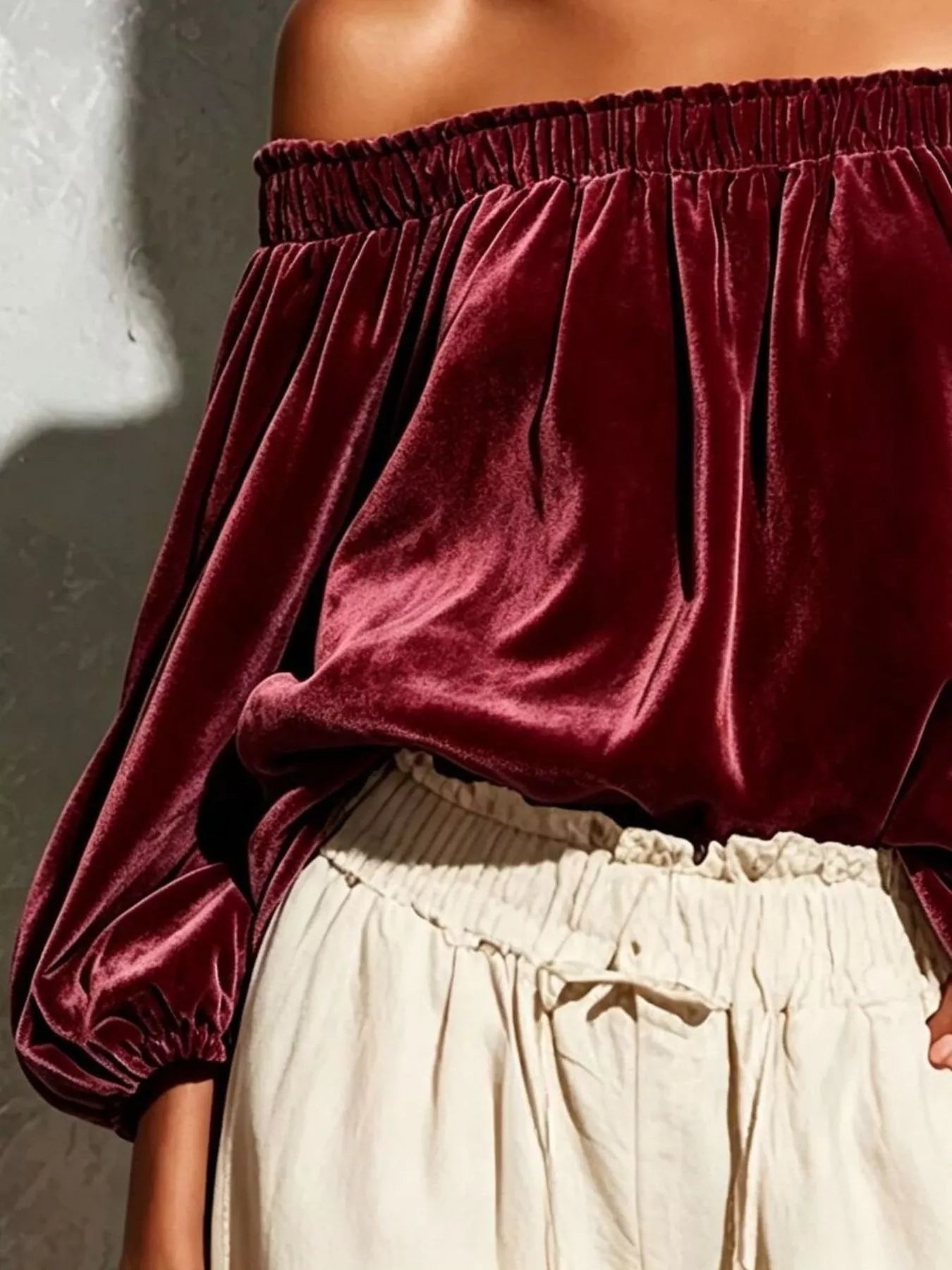 Trendsi Off-Shoulder Velvet Long Sleeve T-Shirt -