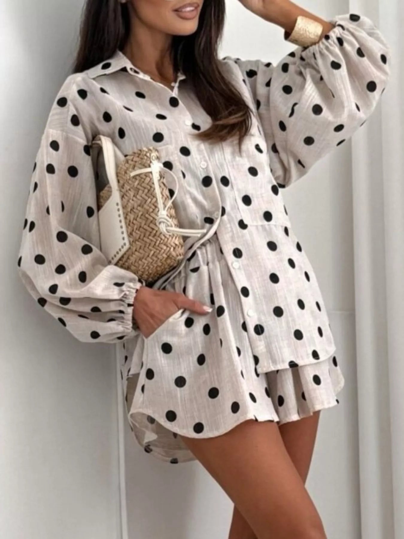 Trendsi Long Sleeve Shirt and High-Waisted Shorts Set -