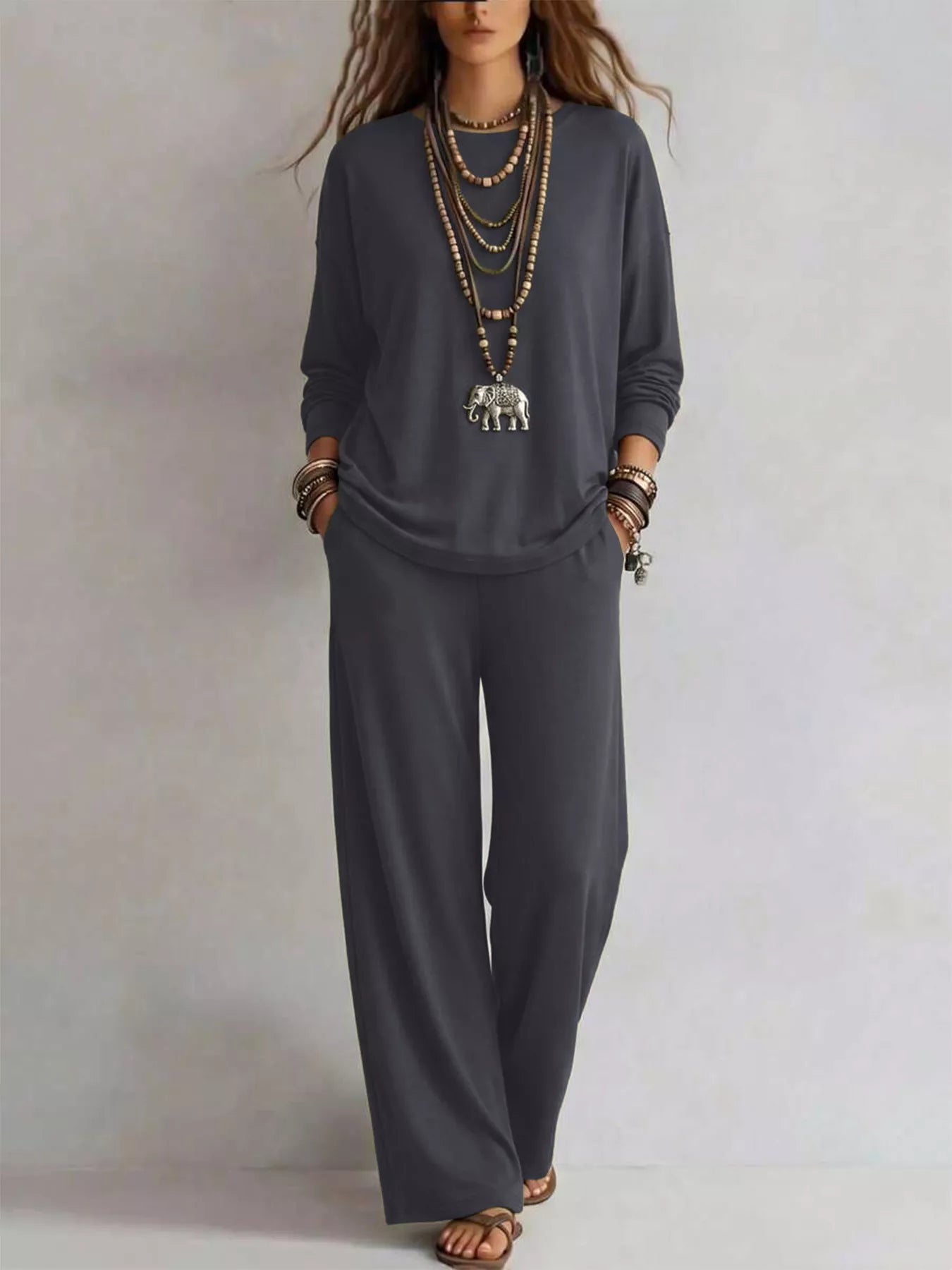 Trendsi Round Neck T-Shirt and Wide-Leg Pants Set -