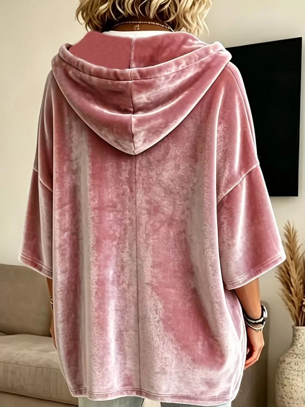 Velvet Button Hoodie in pink, back view