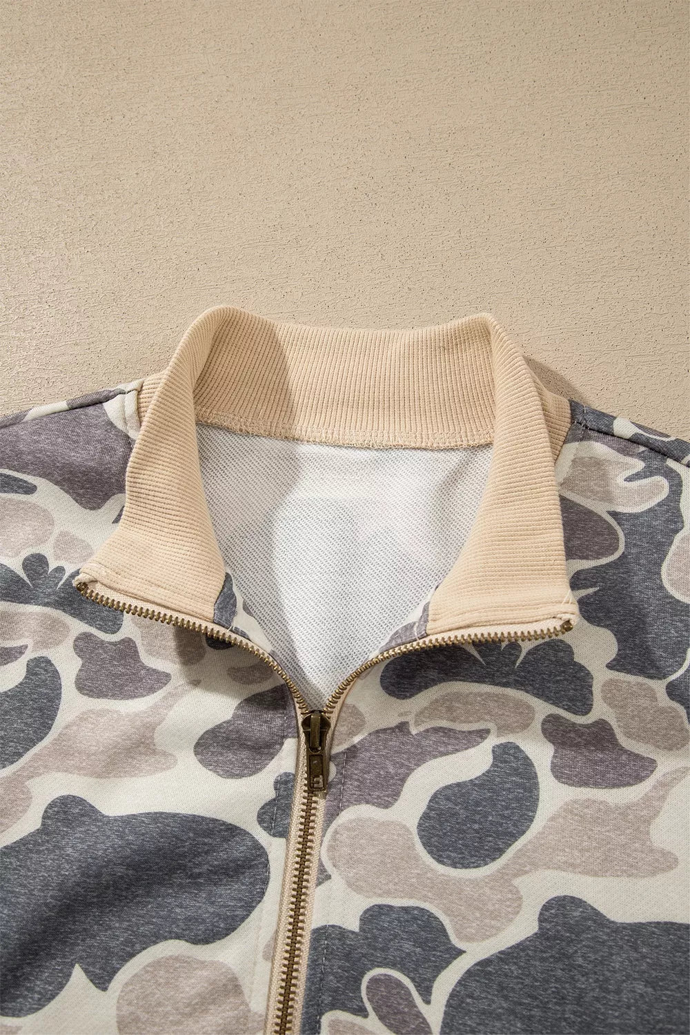 Green Camouflage camouflage print color block trim zip bomber sweatshirt