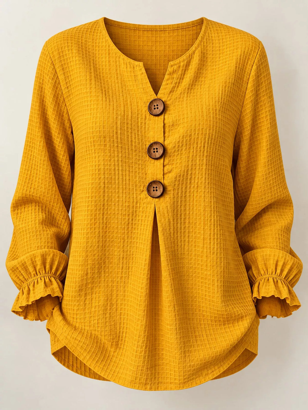 Women's Waffle Knit Flounce Sleeve Blouse in mustard — front view