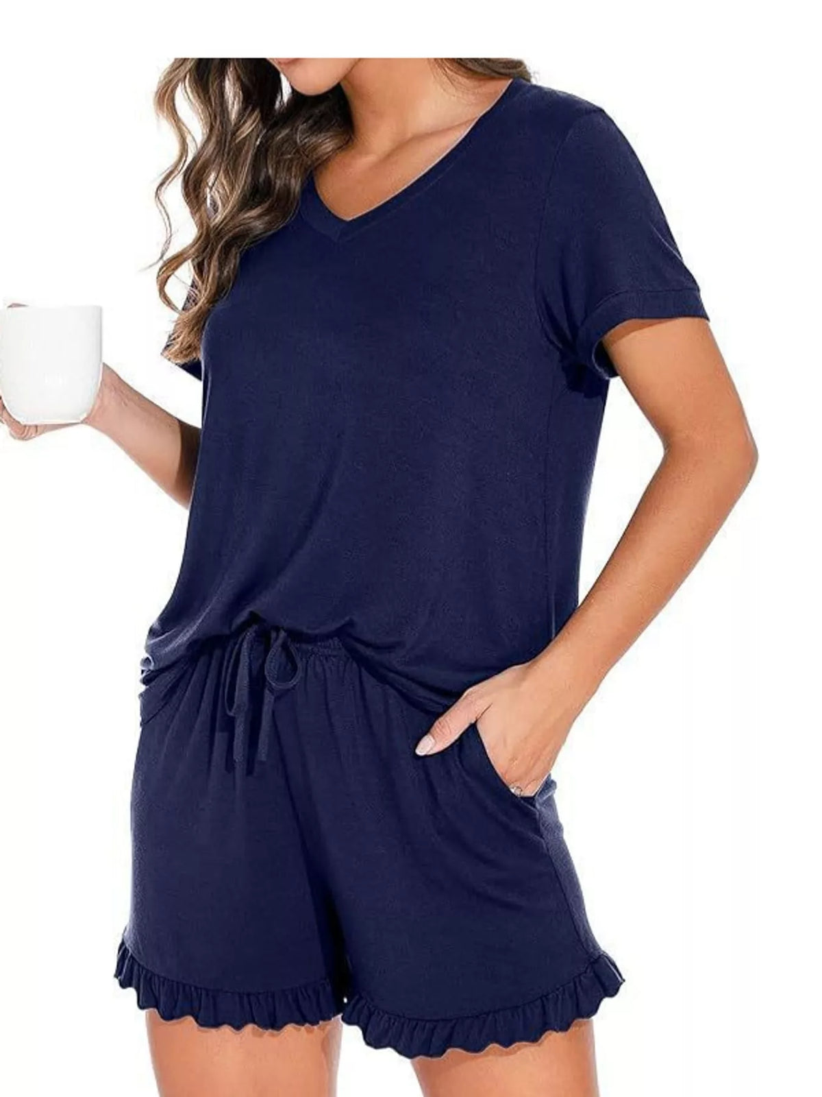 V-Neck Short Sleeve Lounge Set — front view