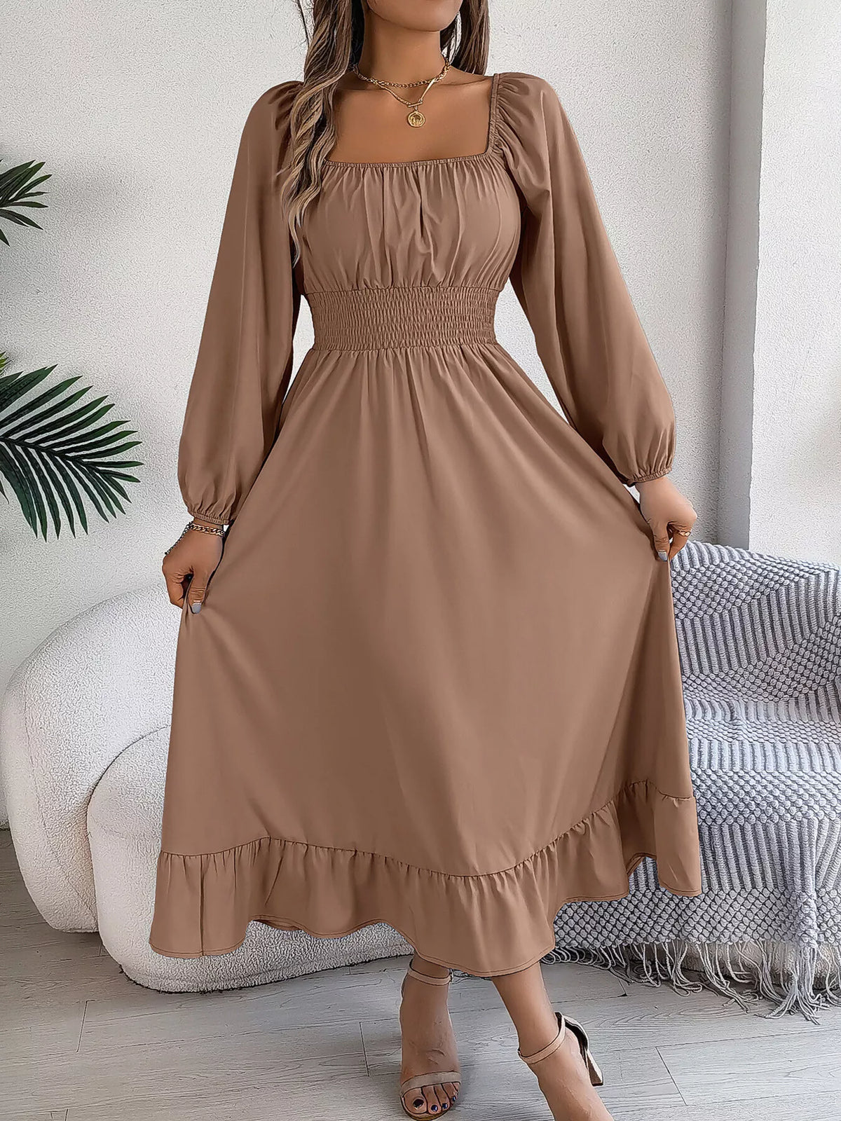 Dark Green square neck smocked waist long sleeve midi dress