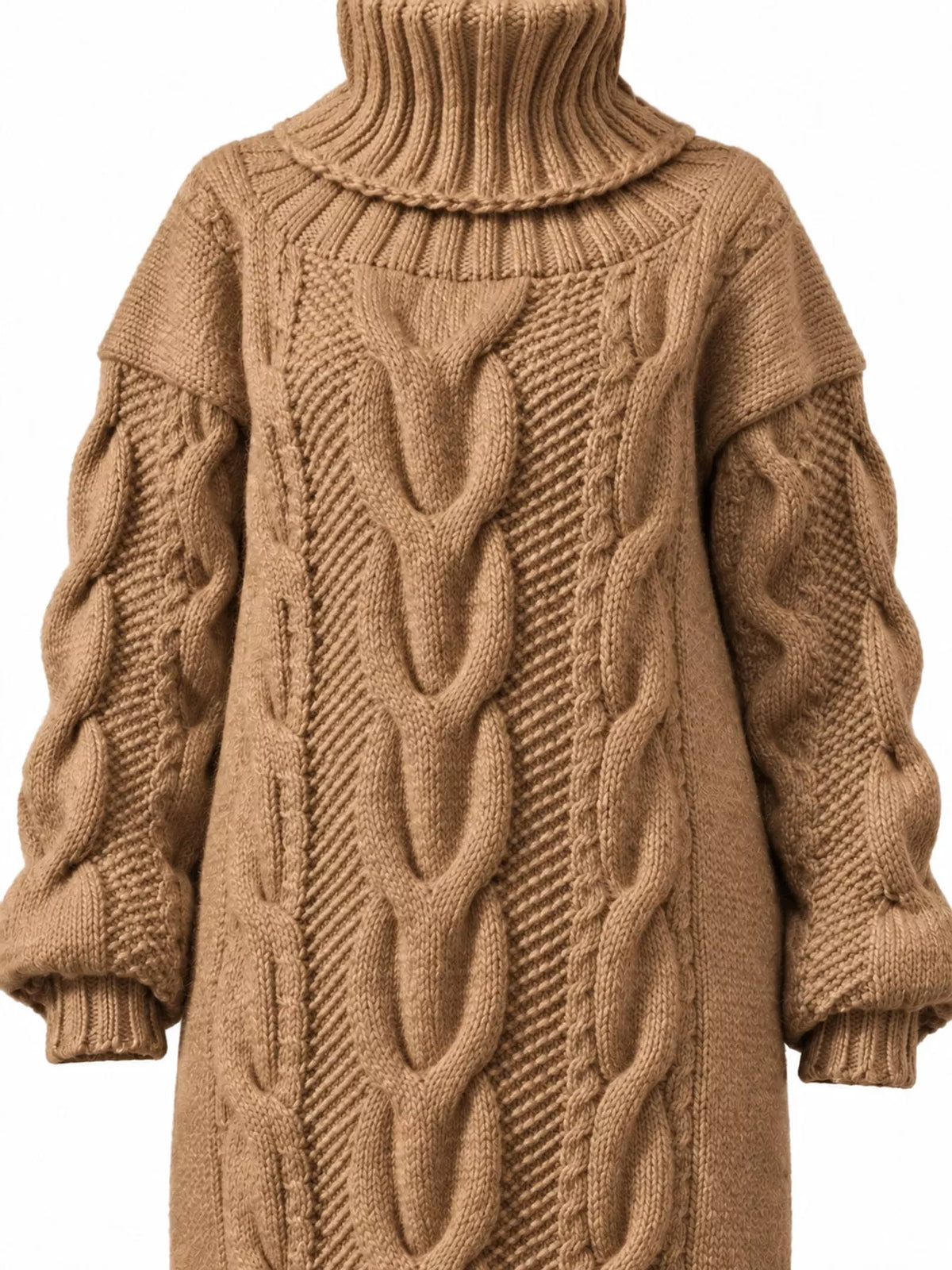 Camel oversized cable knit turtleneck sweater dress