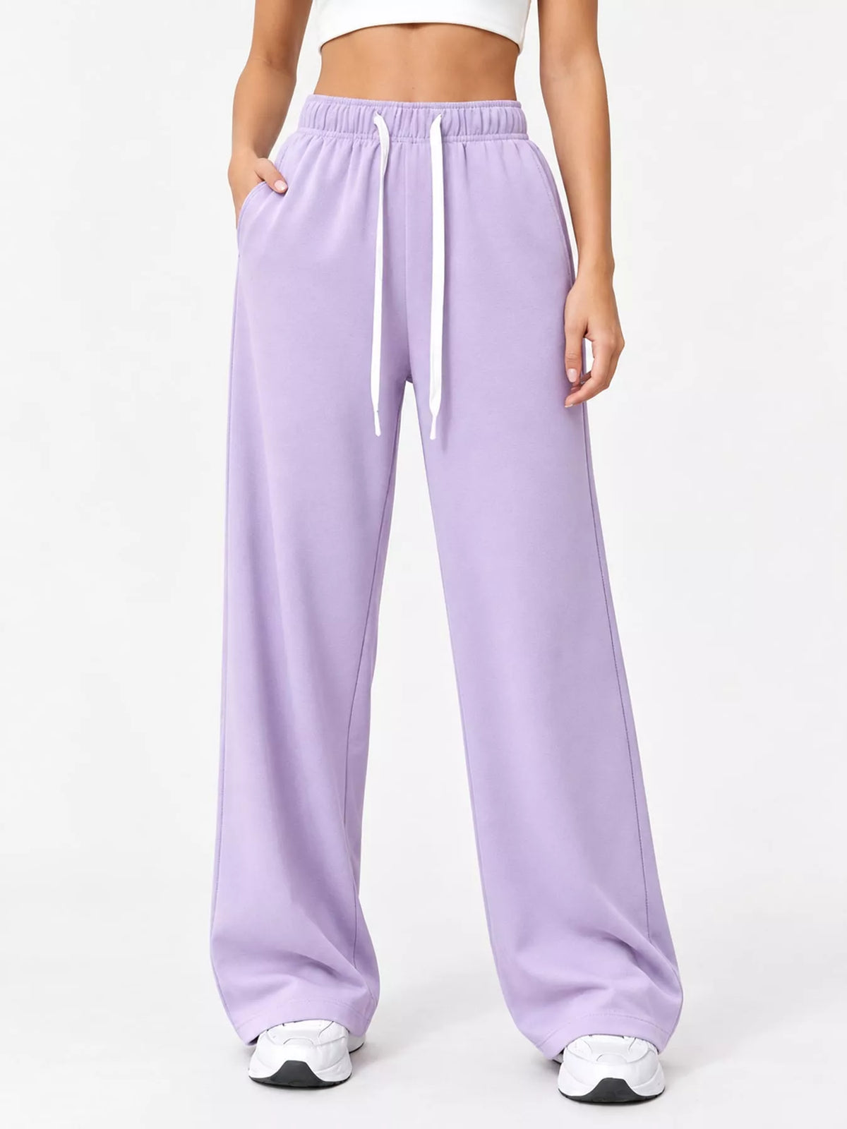 Lavender wide-leg pants with drawstring