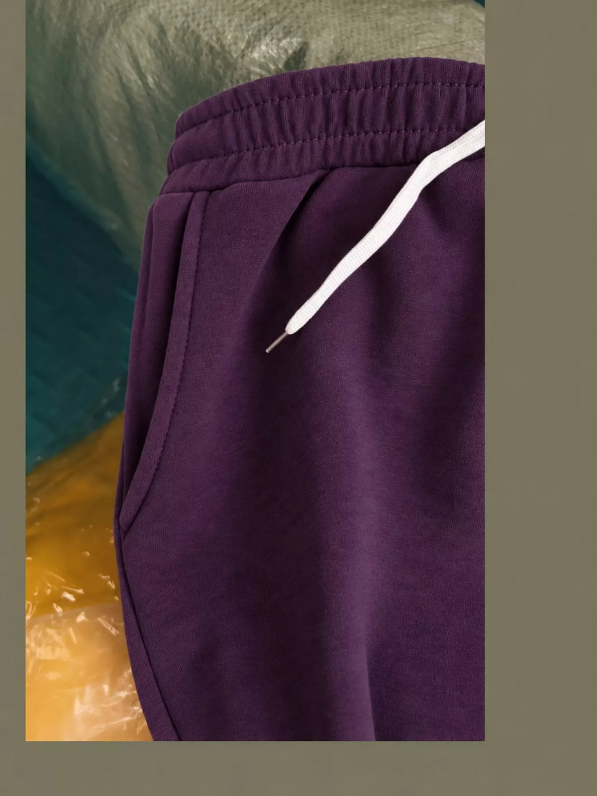 Purple wide-leg pants with drawstring, detail view