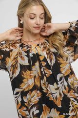 Trendsi Umgee Autumn Leaf Print Balloon Sleeve Blouse -