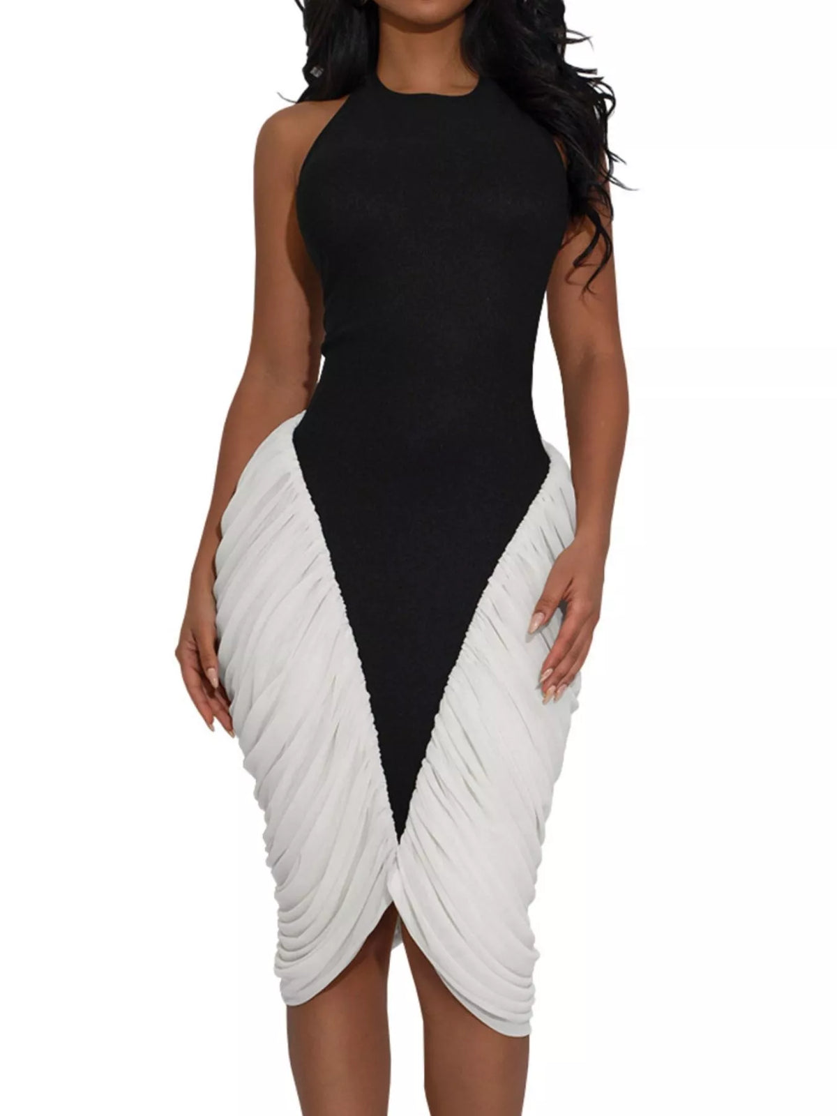 Trendsi Two-Tone Sleeveless Ruched Midi Dress -